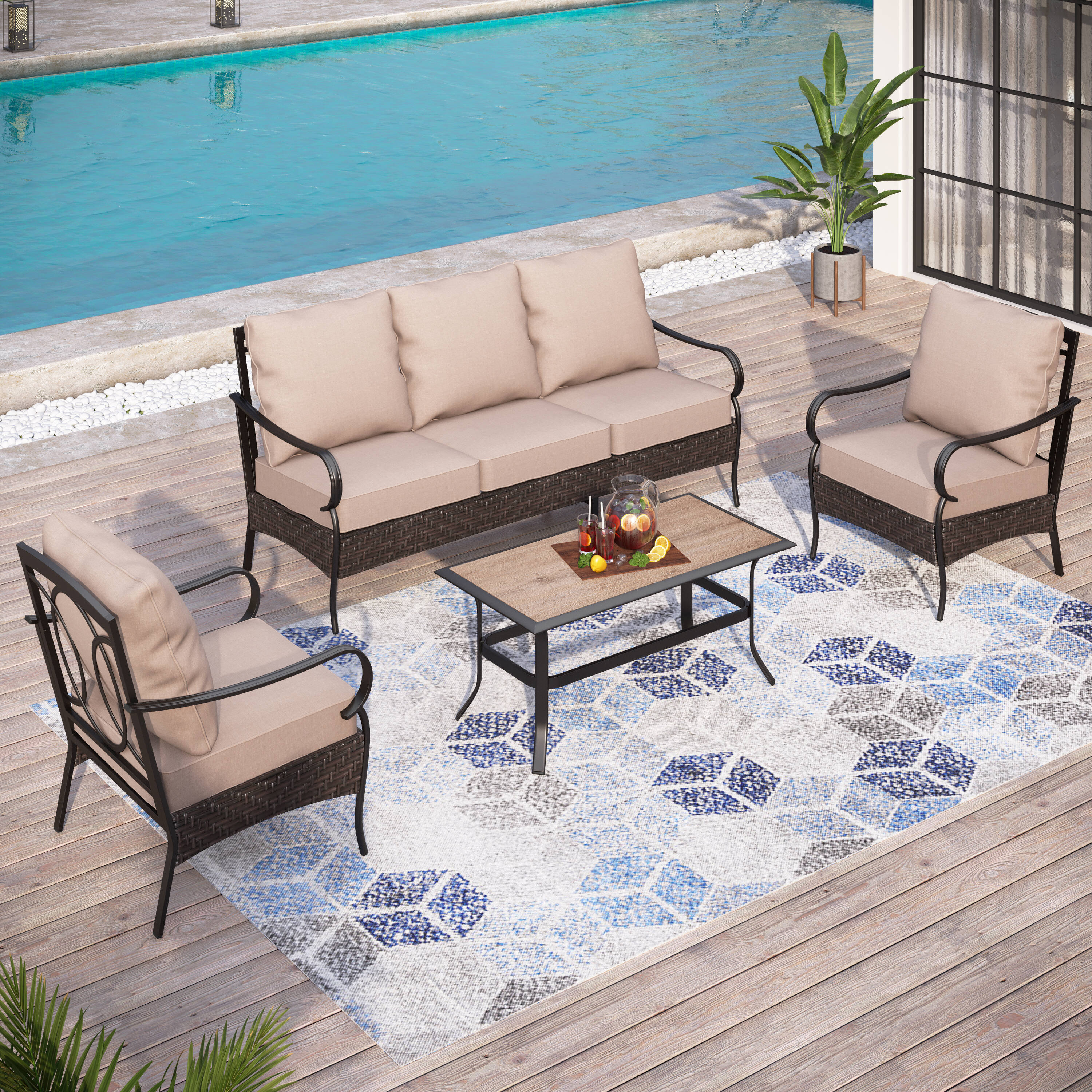 Sunshine Valley CR001-01-5 4 -Piece Wicker Patio Sofa Conversation Set with Tan CUSHION PRO Cushions