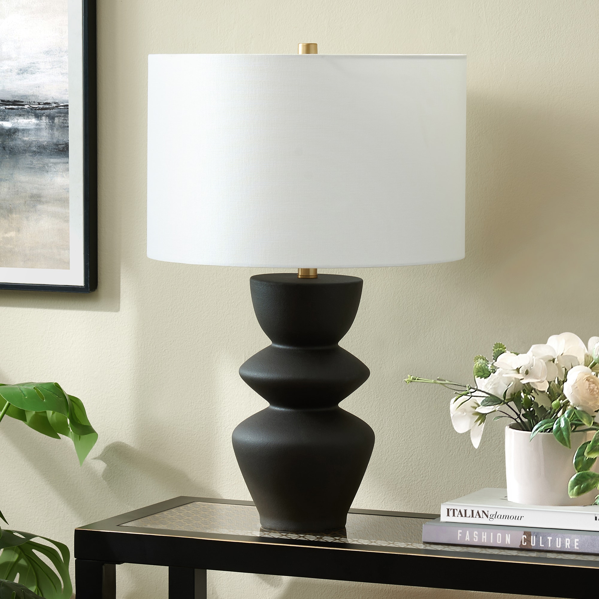 Hailey Home TL2212 Cassian 24.5-in Matte Black/Brass LED Incandescent Rotary socket Table Lamp with Fabric Shade