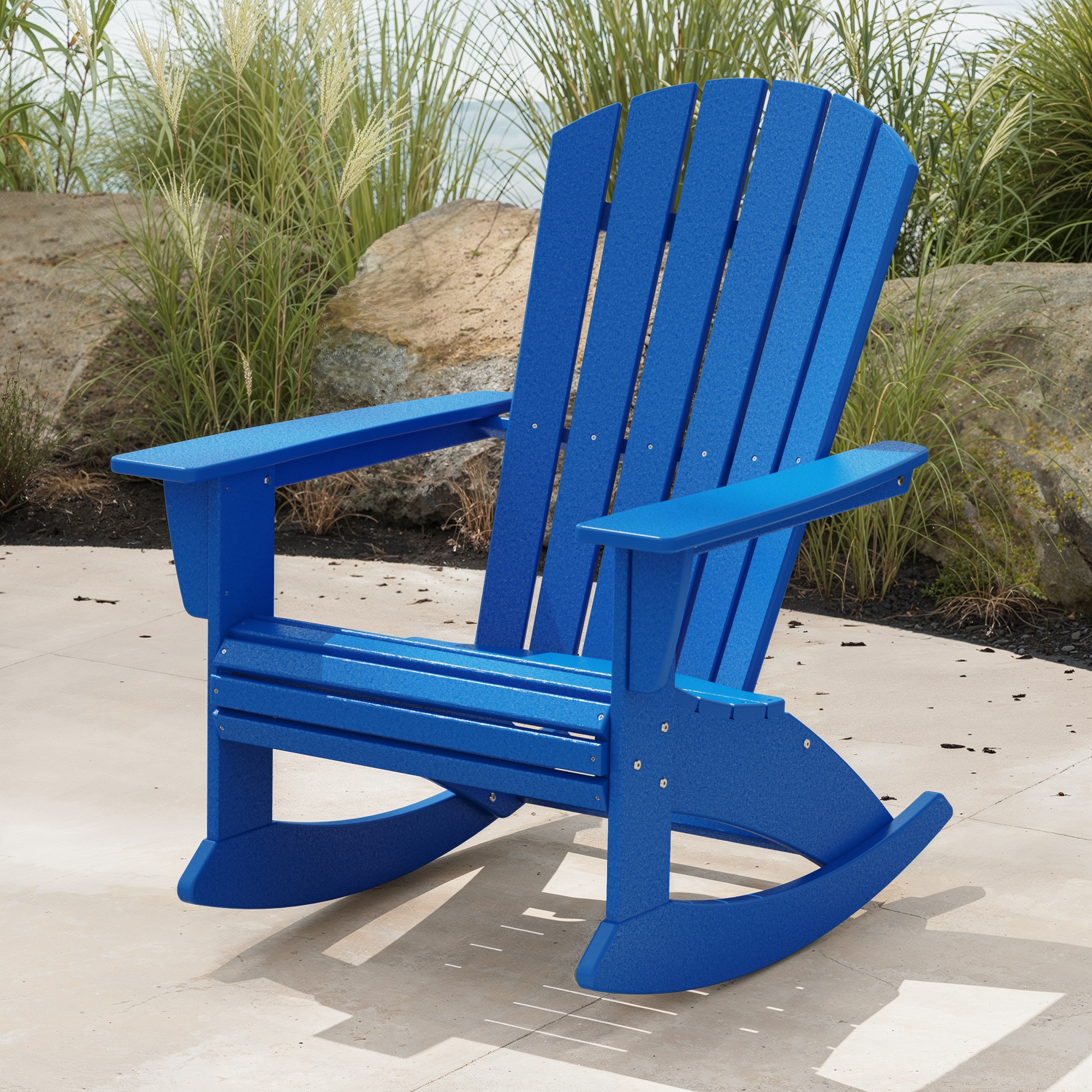POLYWOOD ADR610PB Nautical Pacific Blue Plastic Frame Rocking Chair with Slat Seat