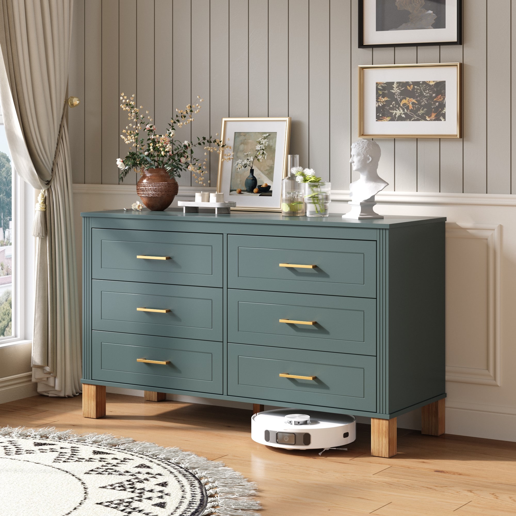 KTMBDW 6-Drawer Dresser for Bedroom - Modern Storage Cabinet Chest of Drawers with Metal Handles and Wood Legs for Closet (Blue)
