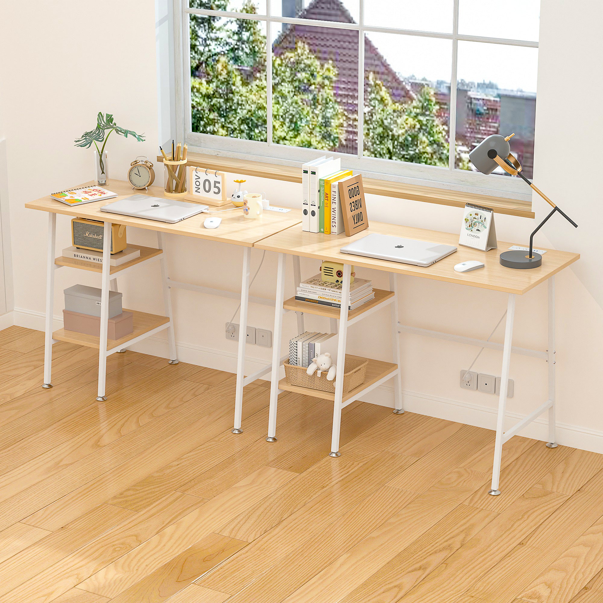 Vecelo LOE-DC-CD01-OAK-UP 43 Inch Small Computer Desk With Power Outlets Writing Desk With Storage Shelves Student Laptop PC Desks For Small Spaces Home Office