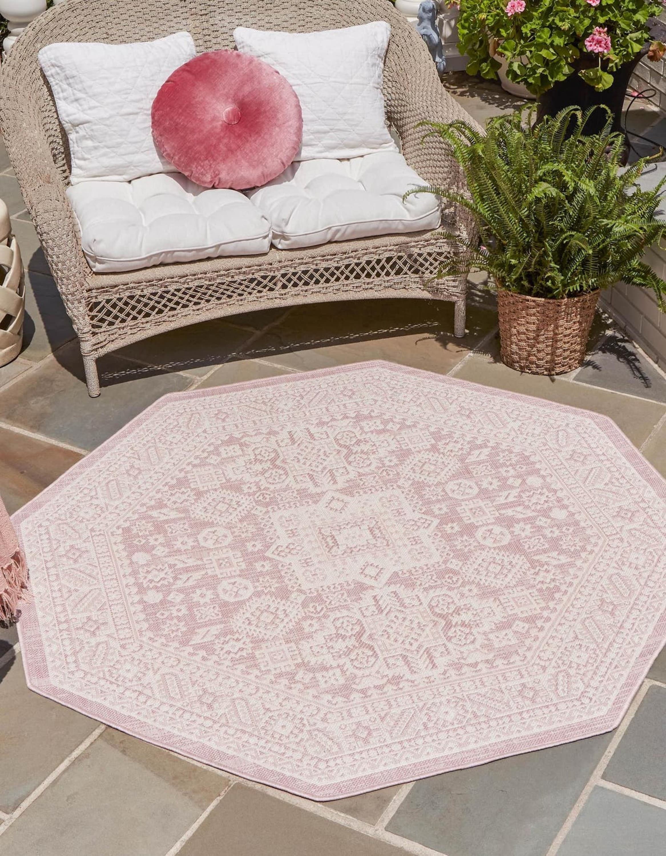 Unique Loom 3162712 Outdoor Aztec 8 x 8 (ft) Loomed Polypropylene Pink Octagonal Indoor/Outdoor Border Area rug