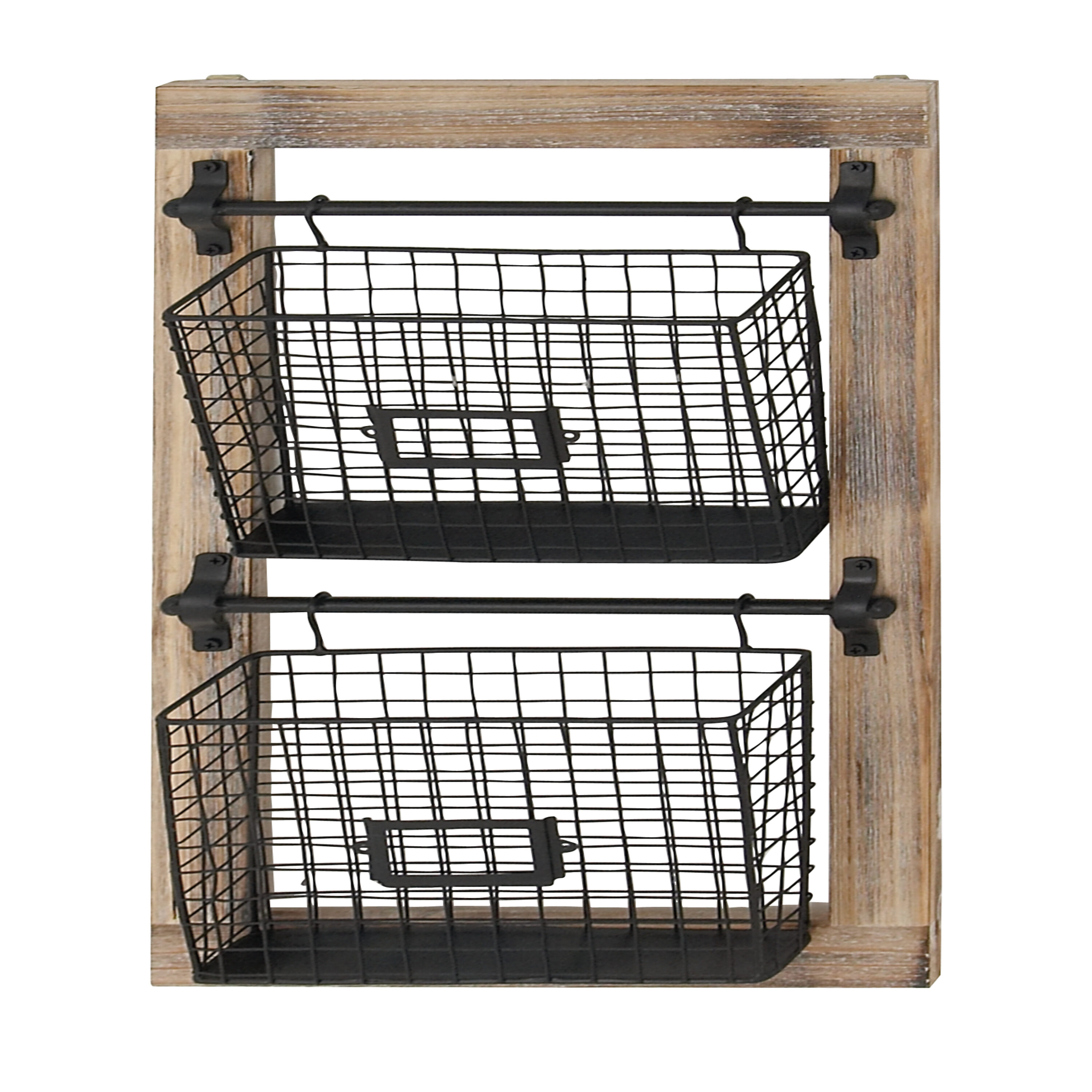 Black Metal and Wood Wall Mounted Magazine Rack with Baskets