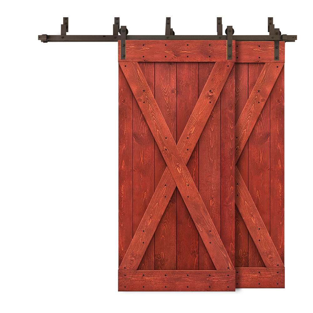 CALHOME 5XBP+S79+(2)X38H 76-in x 84-in Cherry Red Stained X-frame Knotty pine Wood Solid core Double Bypass Barn Door (Hardware Included)