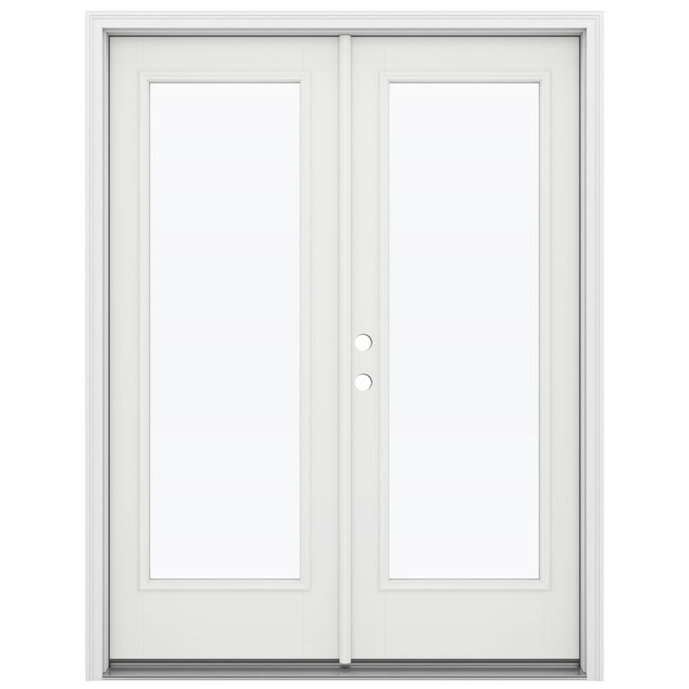 JELD-WEN LOWOLJW182200031 F-3500 60-in x 80-in x 4-9/16-in Jamb Low-E Clear glass , White Fiberglass Right-hand inswing French Double Patio Door Brickmould Included