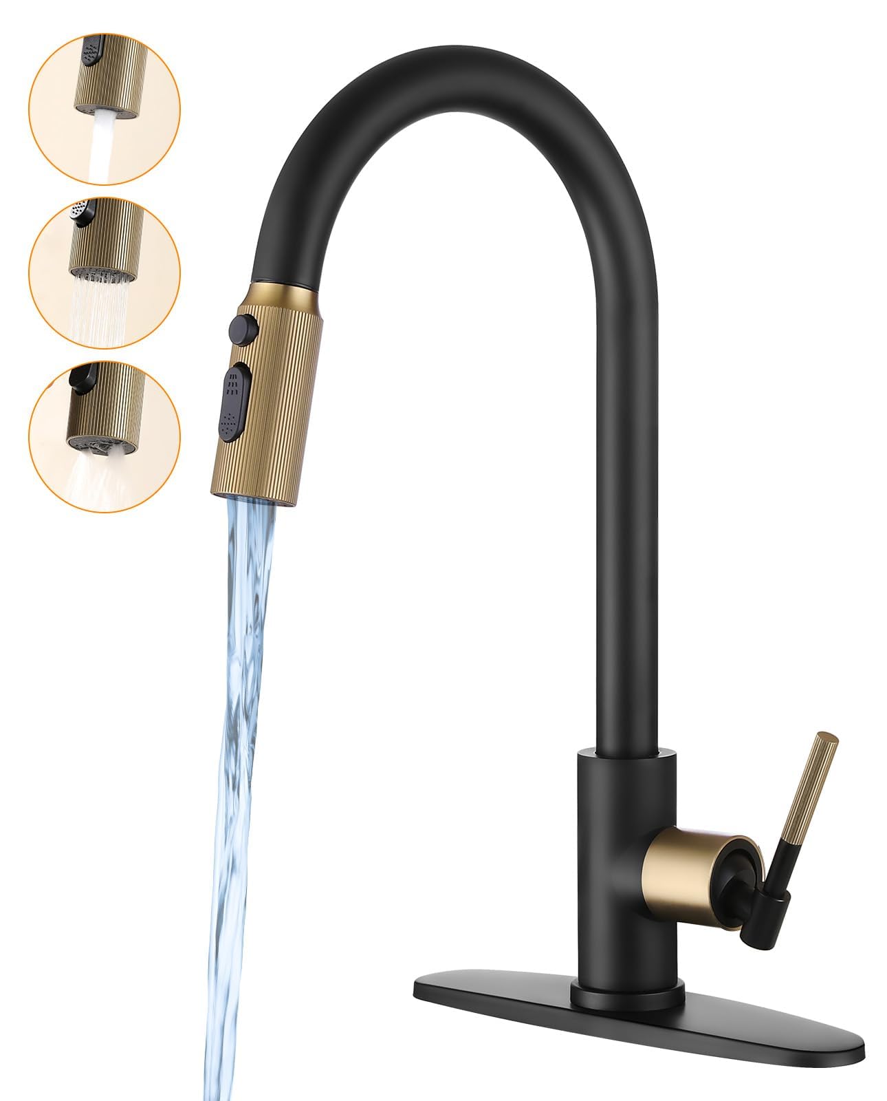 AKSCYZM  Black and Gold Kitchen Faucet for RV Bar Sink Stainless Steel Kitchen Faucets with Pull Down Sprayer Single Handle Gooseneck Design 1 3