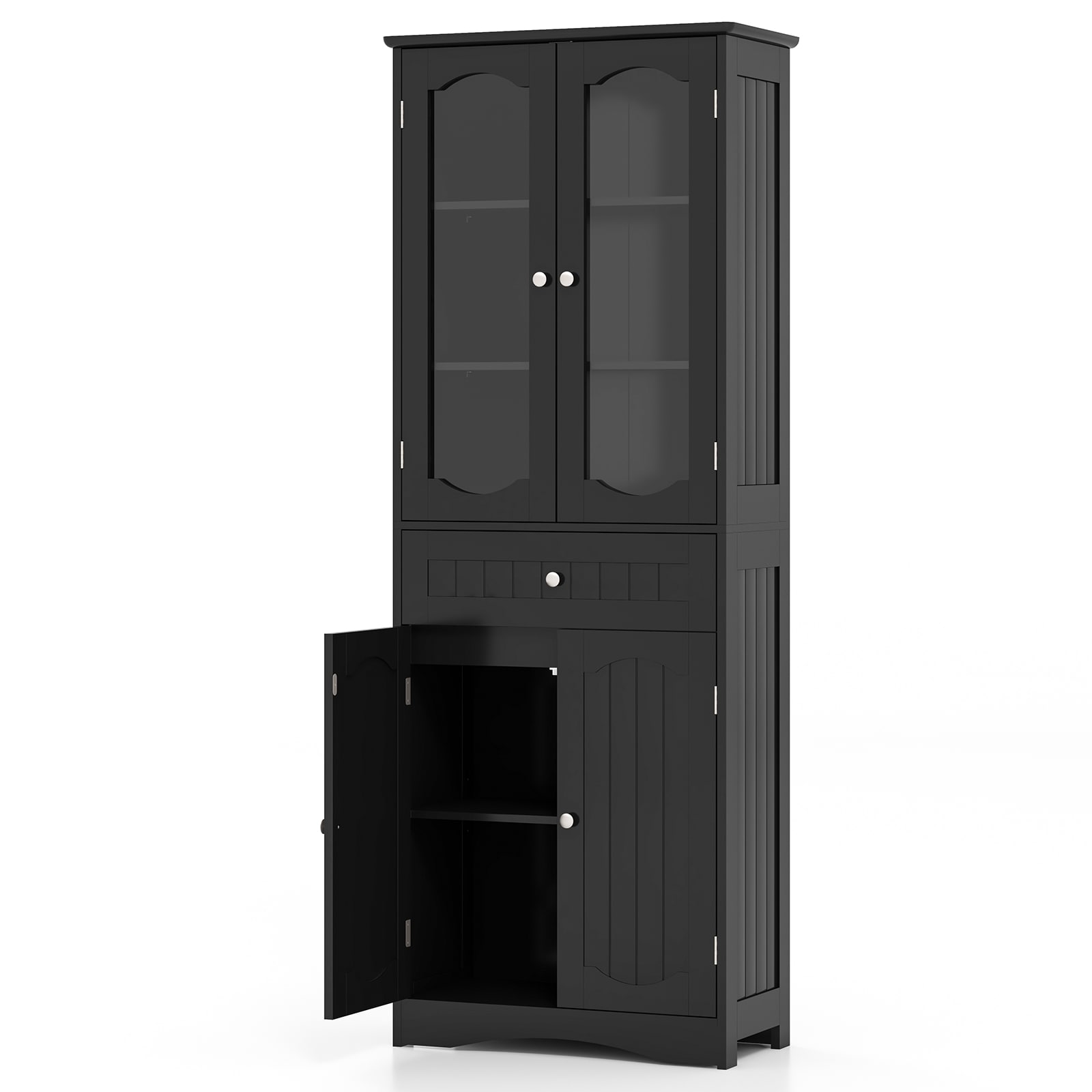 Slickblue Bathroom Glass Door Storage - 23.5x63x12-Inches Black MDF Freestanding Linen Cabinet for Bath or Laundry Room