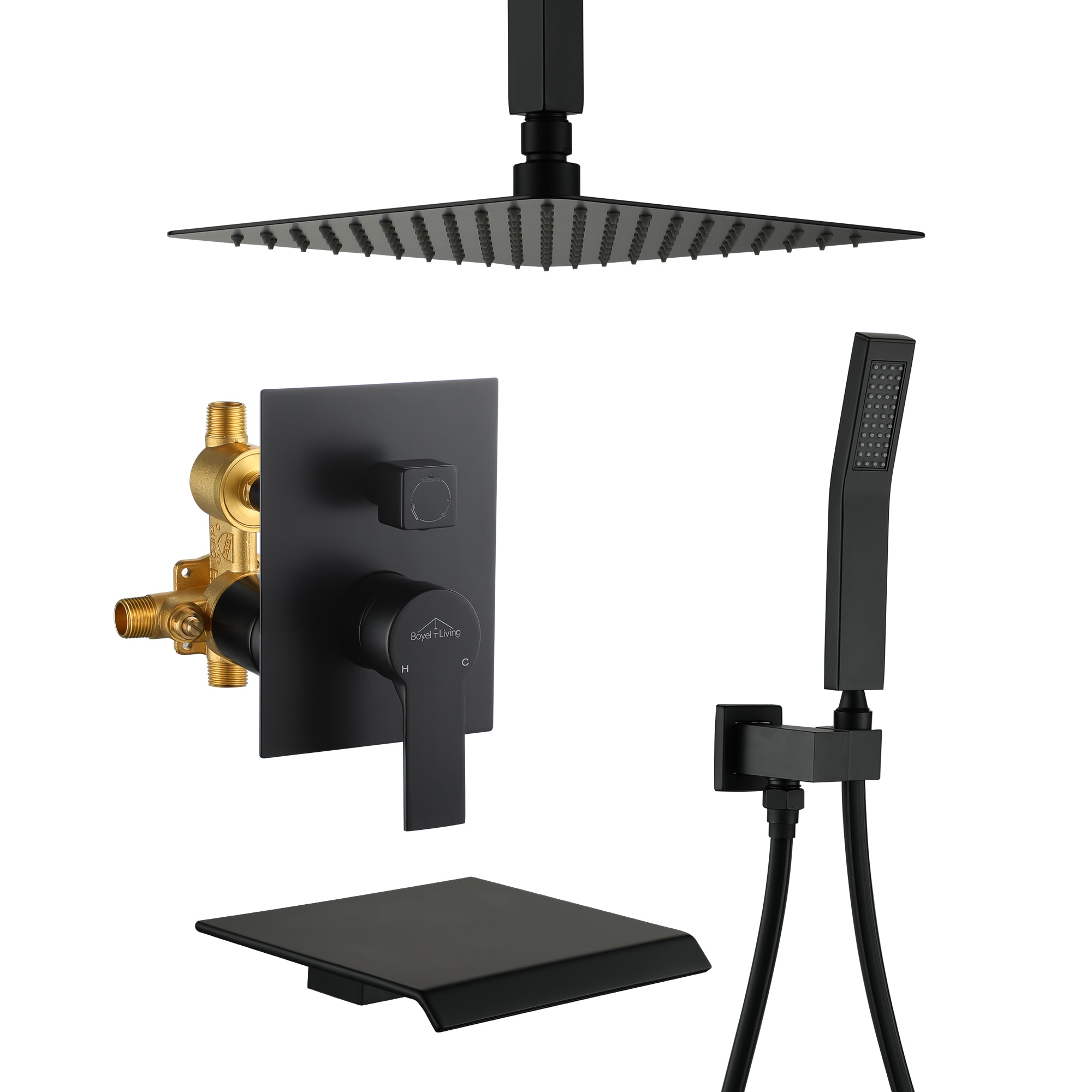 Clihome CSMD-880-19B10 Matte Black 10-Inches Waterfall Dual Head Built-In Shower Faucet System with 3-way Diverter ( Pressure-balanced Valve Included )