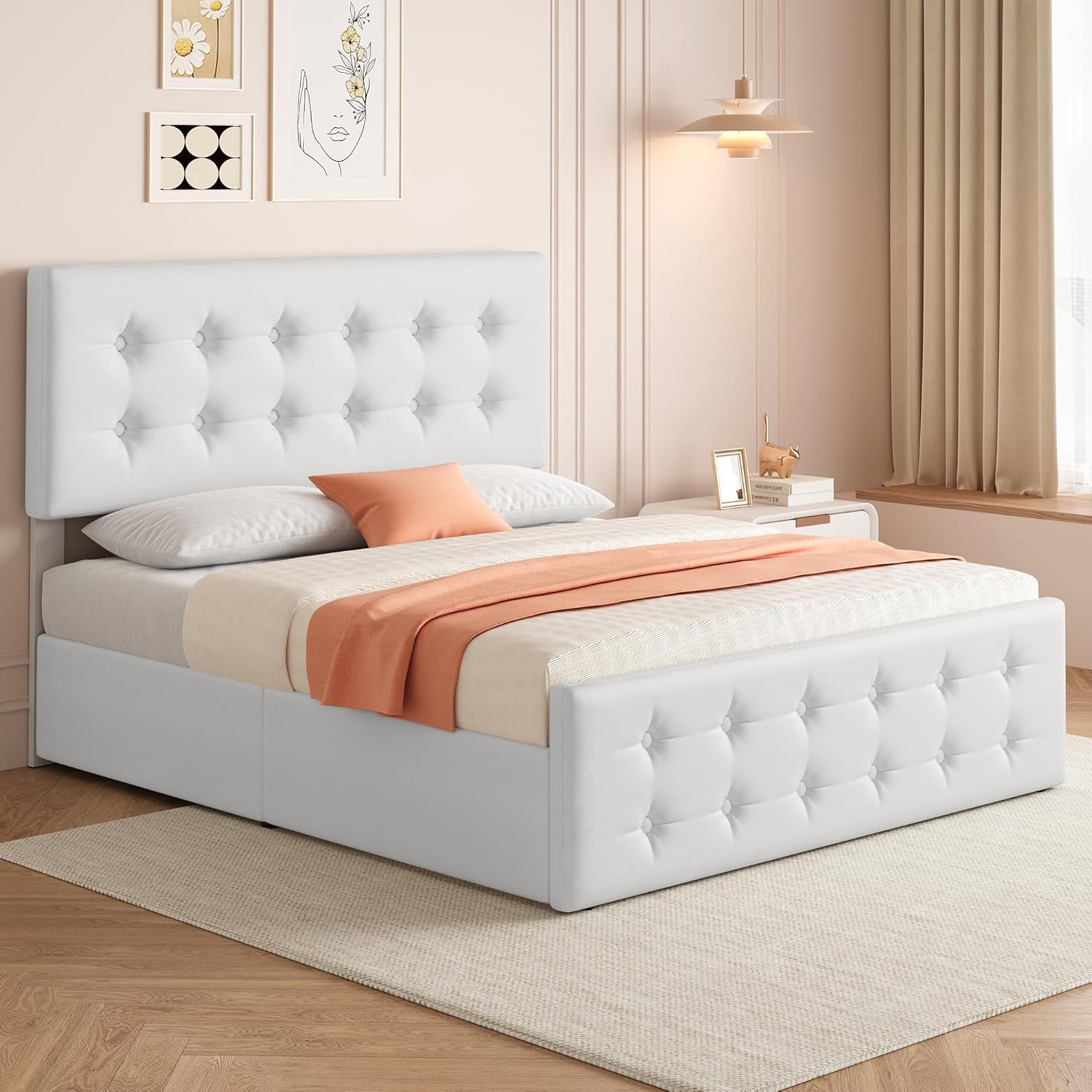 Qeetex LHF-BED-PHO-121U417X Full Size Bed Frame with 4 Storage Drawers and Headboard Faux Leather Upholstered Platform Bed Frame with Wooden Slats Support Button Tufted Design No Box Spring Needed White
