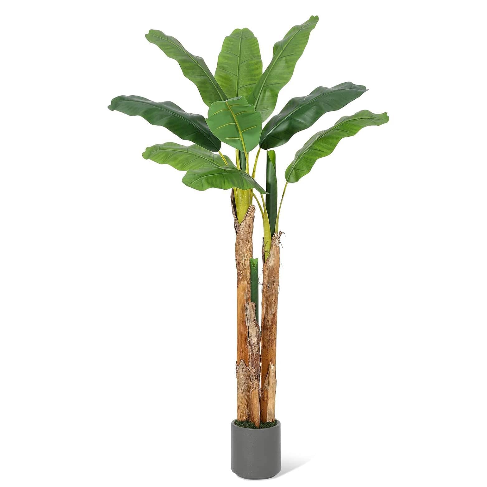 WhizMax DF-PHK-33EVSUL5 Artificial Banana Tree-5FT Faux Banana Tree with Grey Planter-Artificial Plants with 11 Faux Banana Leaves Plant for Home Office Decor