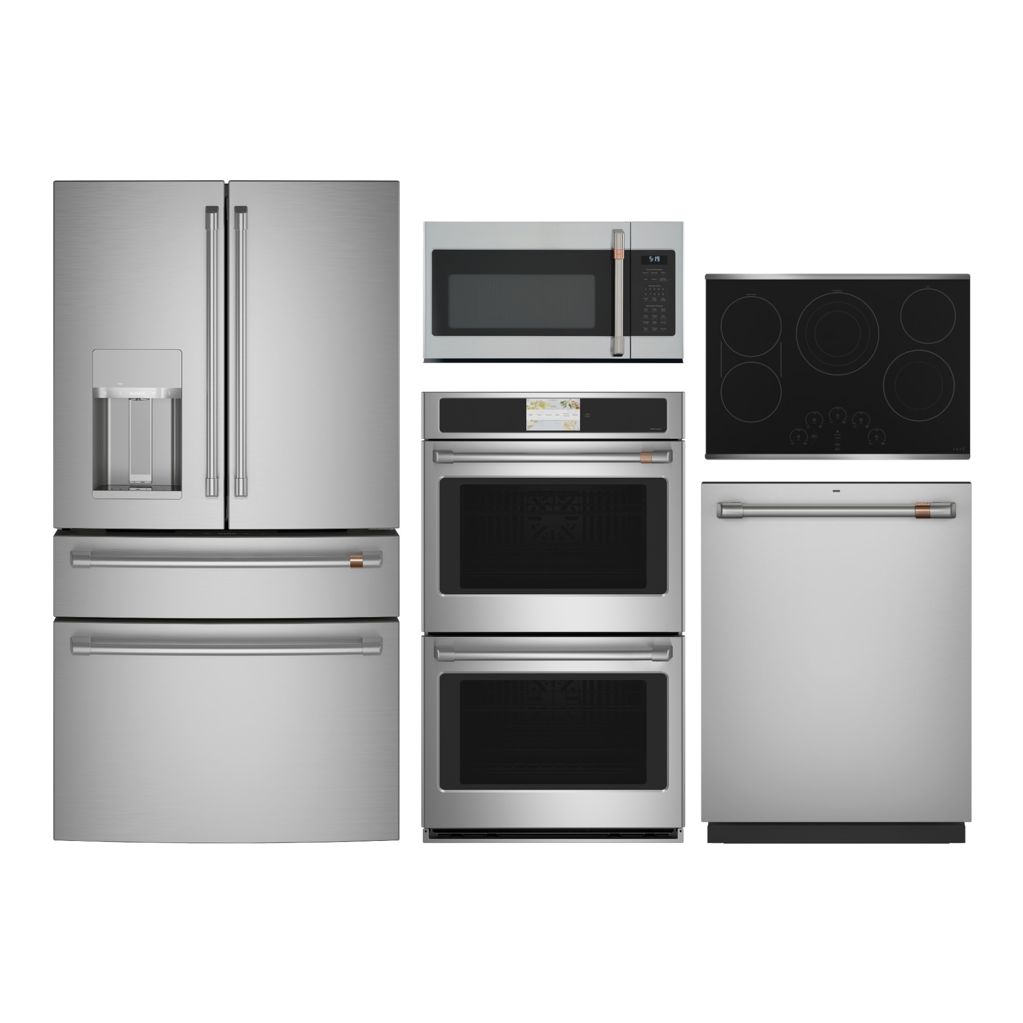 cafe smart 4-door french door refrigerator & 30-in double wall oven paired  with 30-in electric cooktop suite in stainless steel