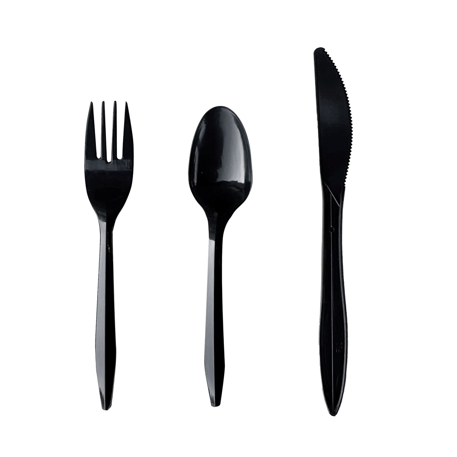 Boardwalk Three-Piece Polypropylene Cutlery Kit Mediumweight Fork/Knife/Spoon Plastic Black 250/Carton