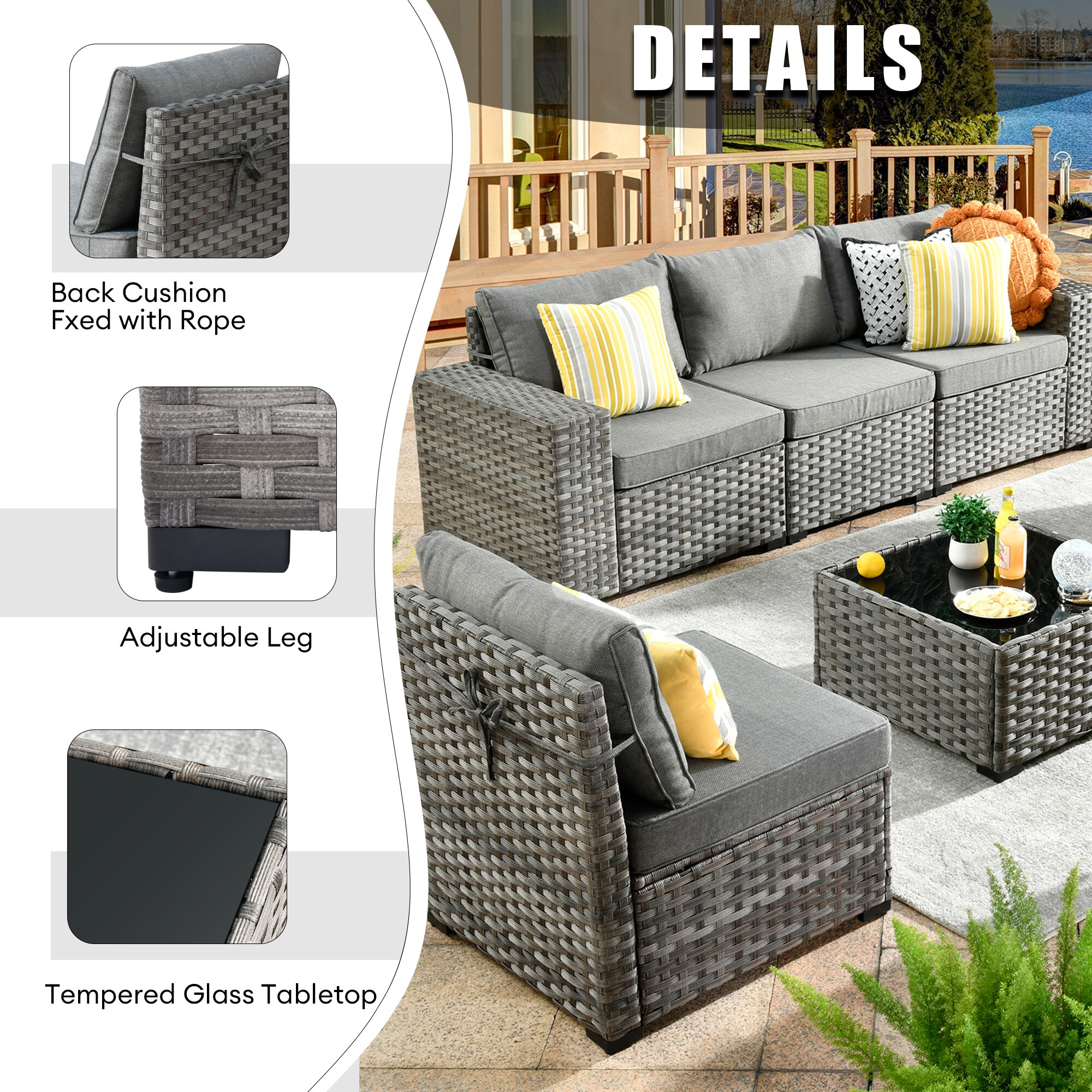 Pouuin 4-Piece Rattan Patio Conversation Set with Gray Cushions in the ...