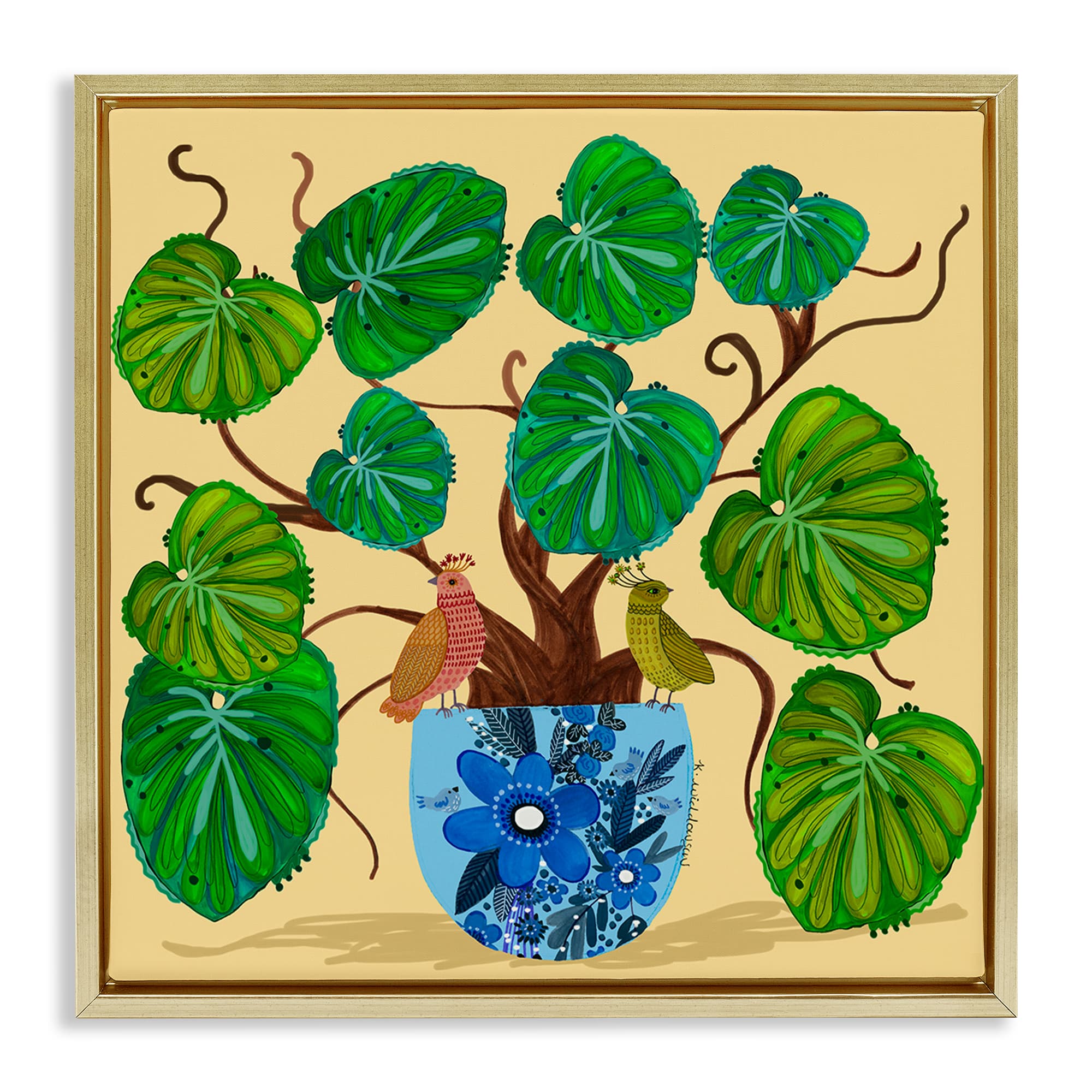 Stupell Industries BS-610-FFG-17X17 Potted Plant and Birds Perched Floating Frame design by Kay Widdowson