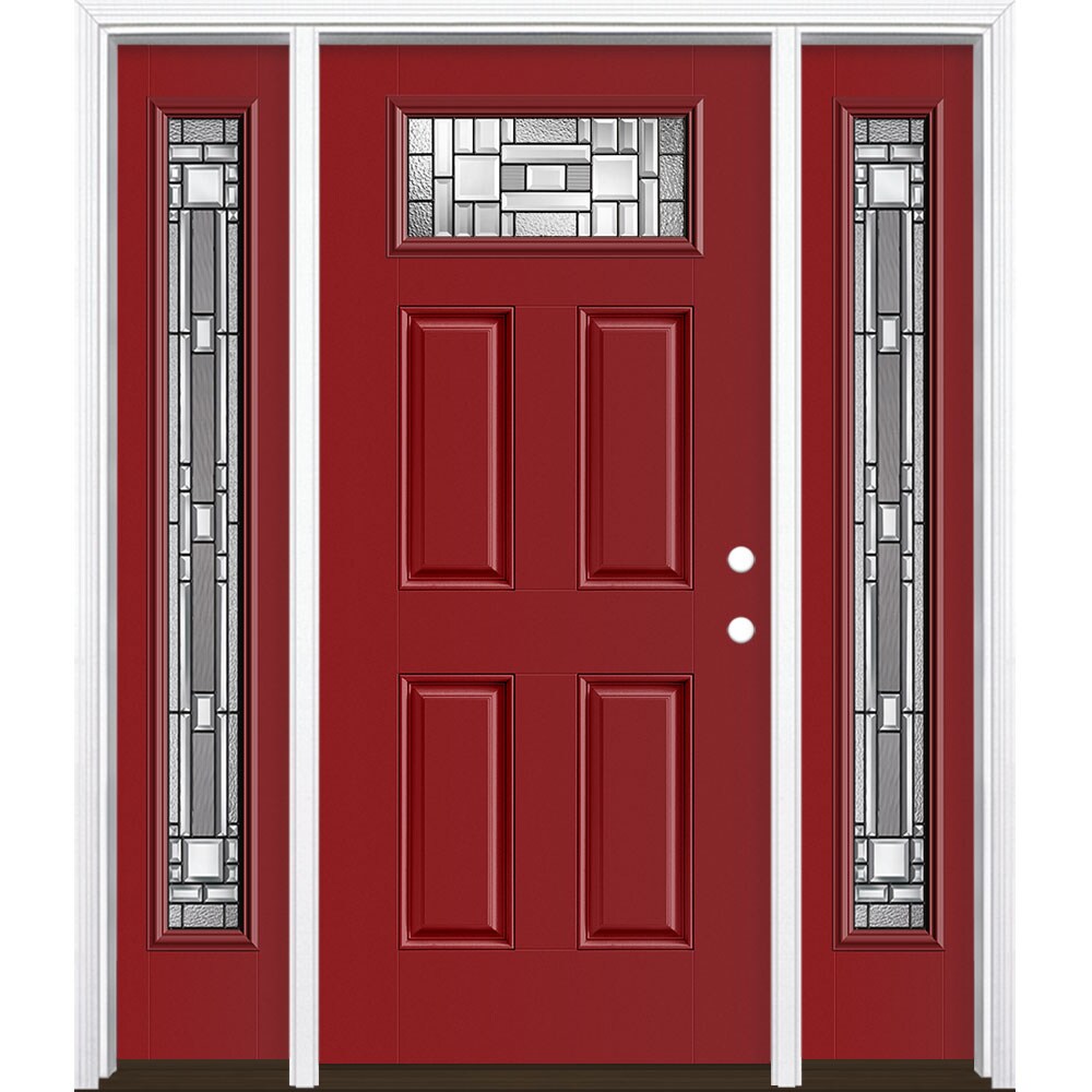 Masonite 3421377 Naples 64-in x 80-in x 4-9/16-in Fiberglass 1/4 lite Left-hand inswing Roma Red Painted Prehung Single door with sidelights Front Door with Brickmould Insulating core Decorative glass