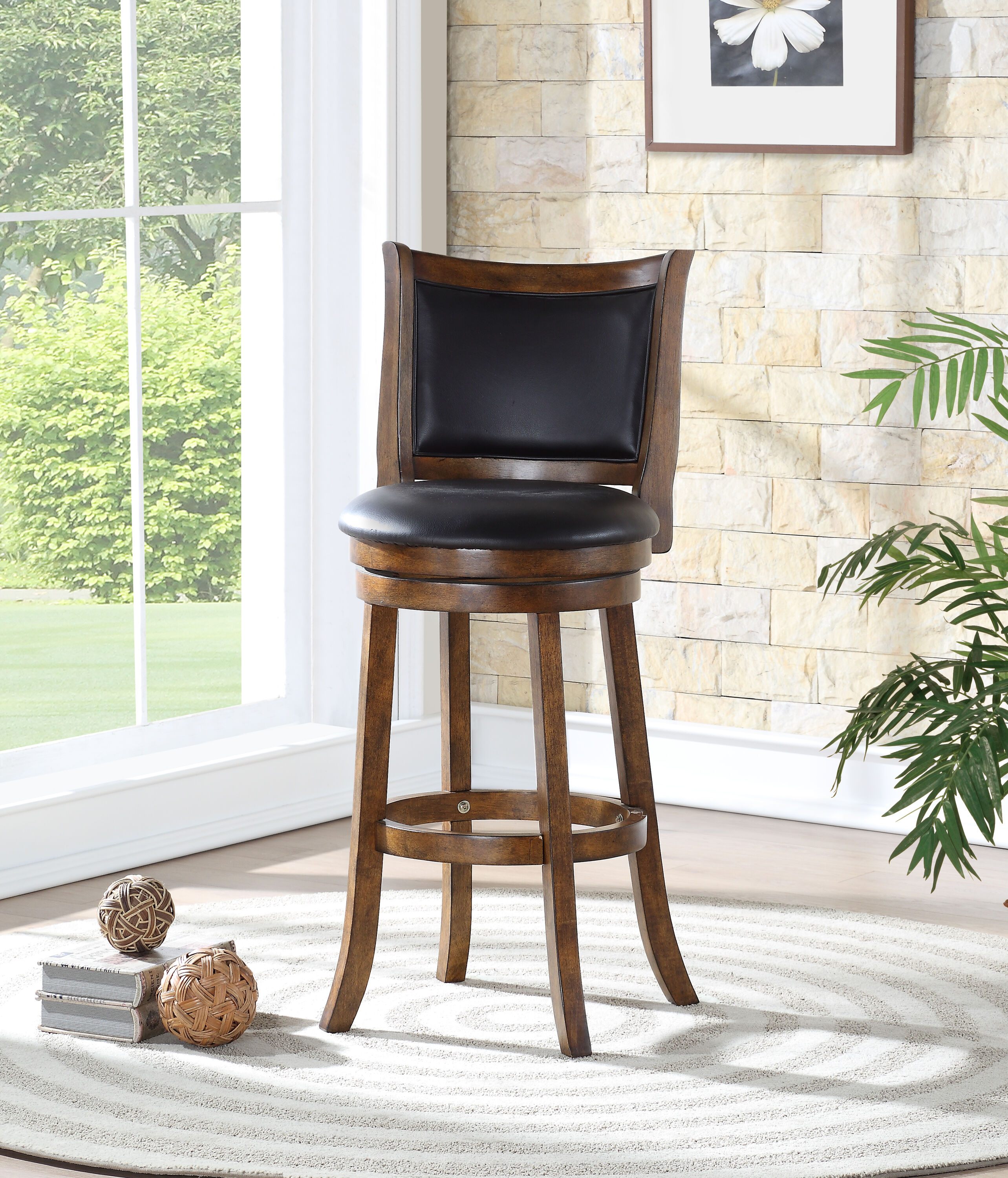 Traditional Bristol 29" Swivel Bar Stool in Black/Brown Leather and Wood