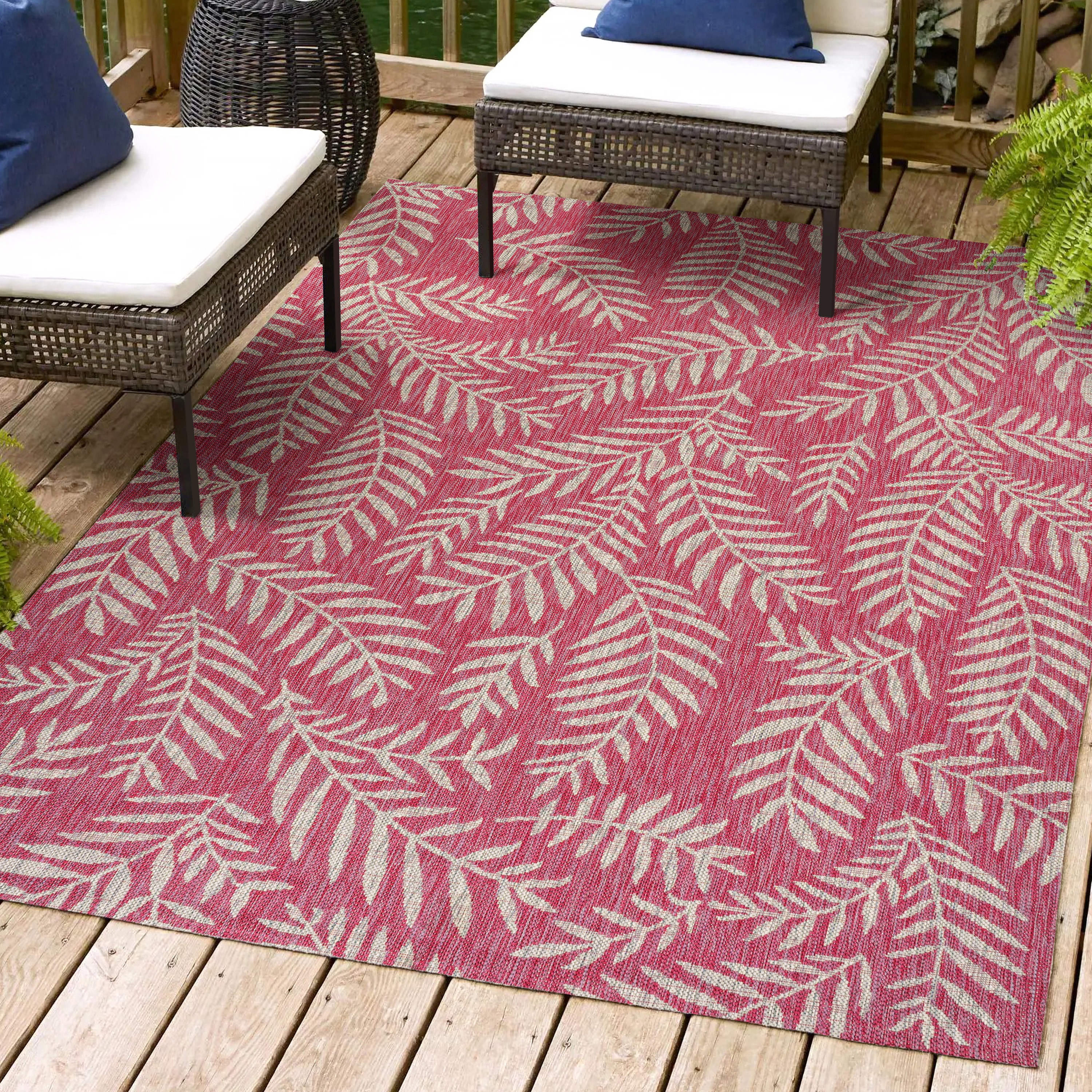 JONATHAN  Y SMB119F-8 Santa Monica Nevis Palm Frond 8 x 10 (ft) Loomed Polypropylene Fuchsia/Light Gray Rectangular Indoor/Outdoor Floral/Botanical Coastal Area rug