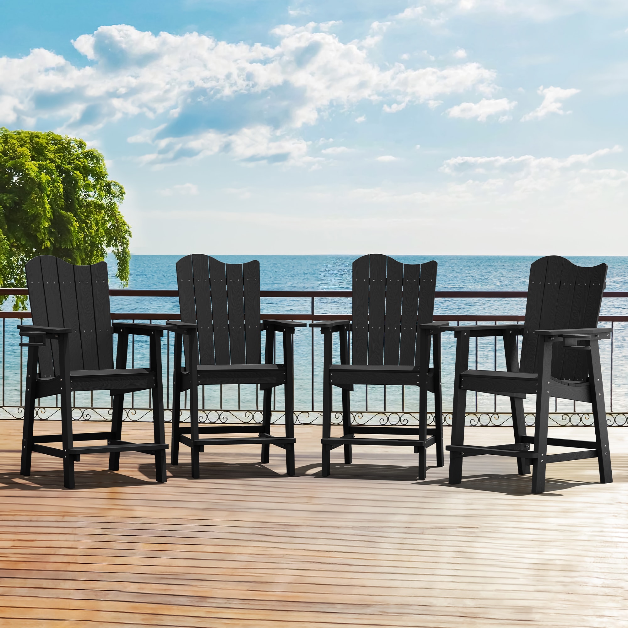 LUE BONA 4LB23PC0009-100LS Set of 4 Black HDPE Frame Spring motion Adirondack Chair with Slat Seat