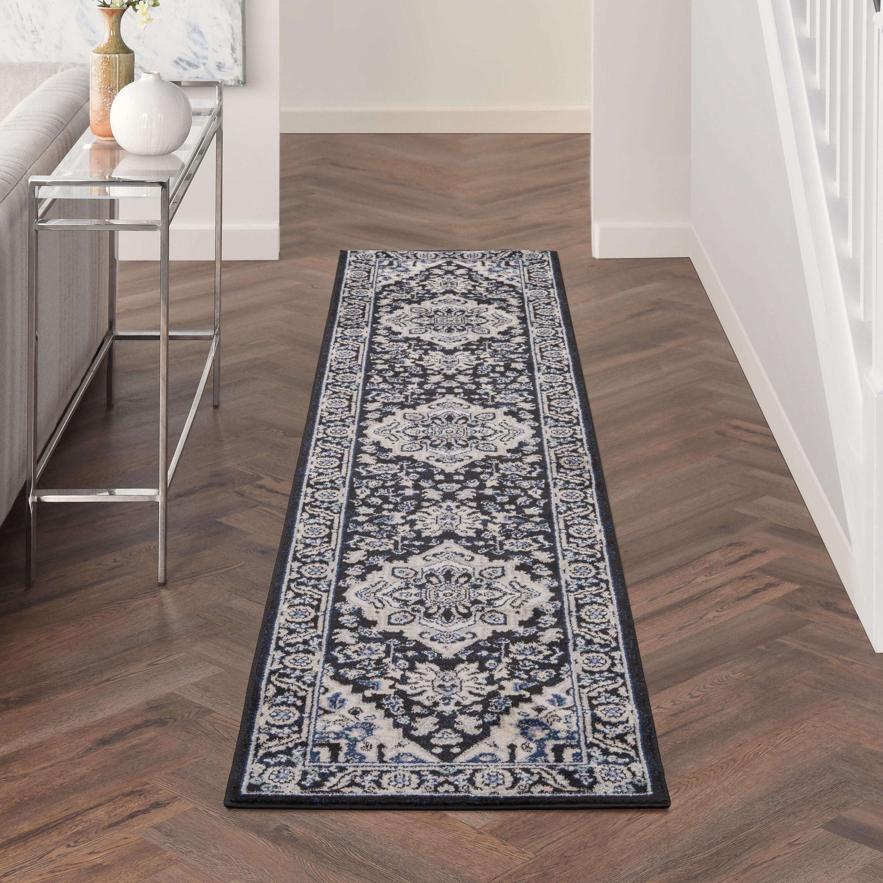 Nourison 099446018915 Passion 2 x 10 (ft) Loomed Polypropylene Black Ivory Rectangular Indoor Medallion Bohemian/Eclectic Runner rug