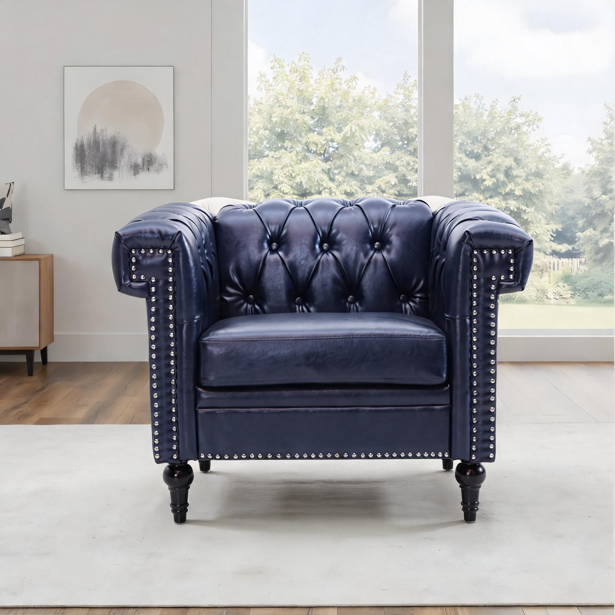 chillscreamni - Soft PU Leather Accent Sofa Chair Deep Blue Quilted 1-Seater 39 Wide