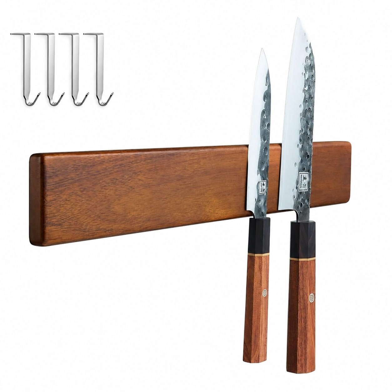 Aoibox  Magnetic Knife Holder for Wall 16 Inch Acacia Wood Knife Strip with 4 Hooks No Drilling or Screw Mount