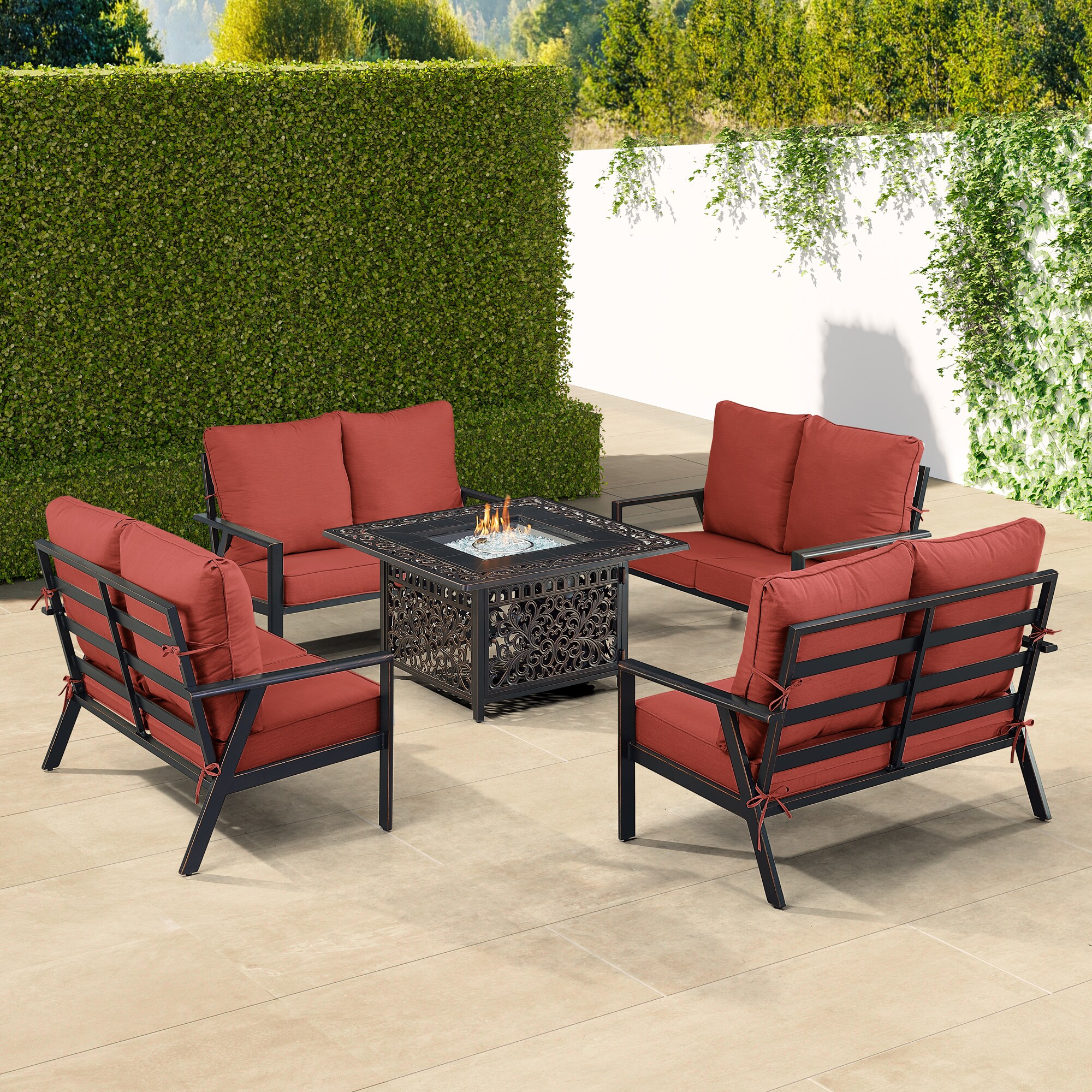 Oakland Living LUX4LSMAYANRDCUA Fire Pit Table Set, Four Loveseats and Wind Guard 22-Piece Patio Conversation Set with Red Cushions