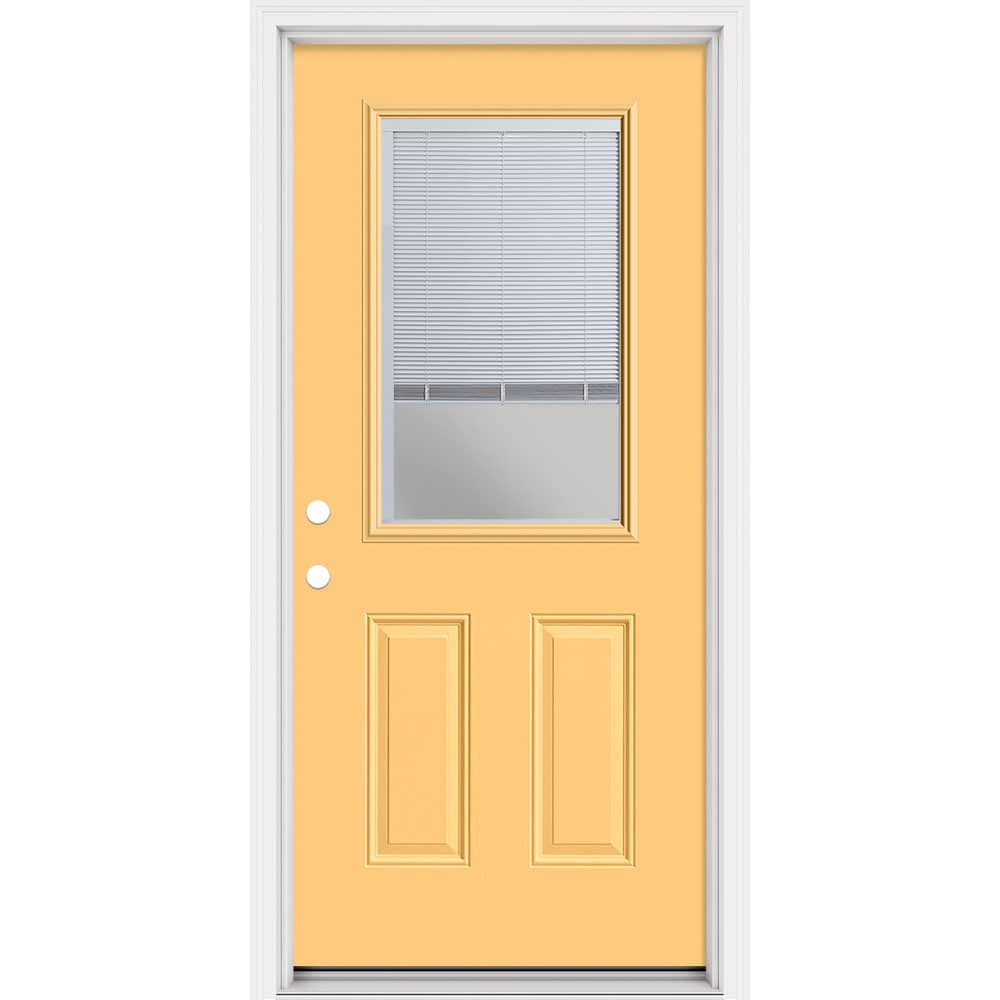 Masonite 321426 Steel Doors Series 36-in x 80-in x 4-9/16-in Steel Half lite Right-hand inswing Cabana Yellow Painted Prehung Front Door with Brickmould Insulating core
