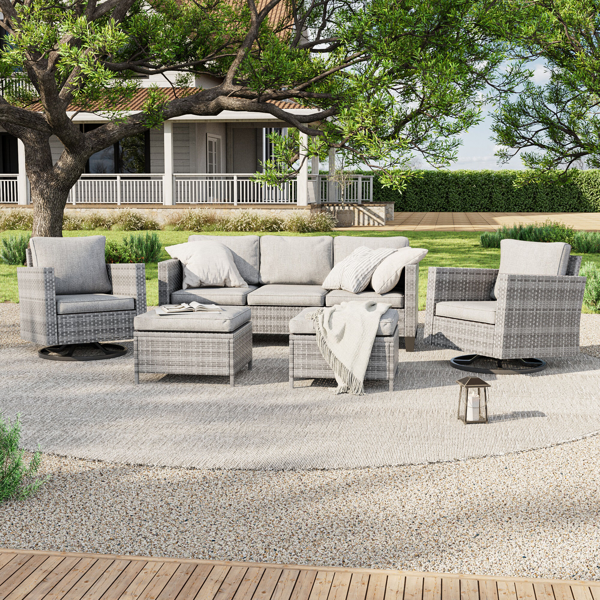 Sonkuki 5 -Piece Wicker Patio Sofa Conversation Set with Gray Cushions
