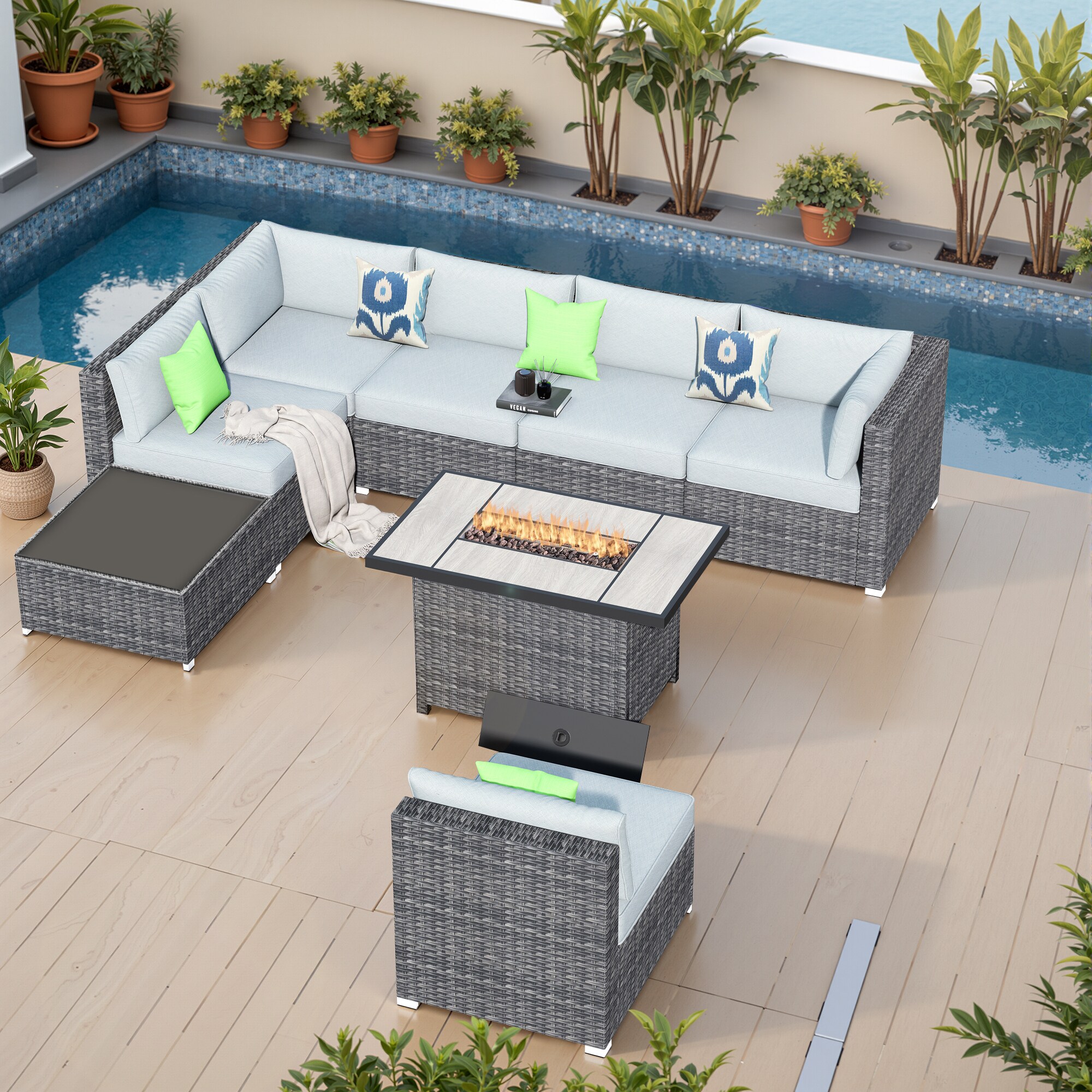 Pouuin SRFPHOP4-7-BOX3 9 -Piece Wicker Patio Sofa Conversation Set with Gray Cushions