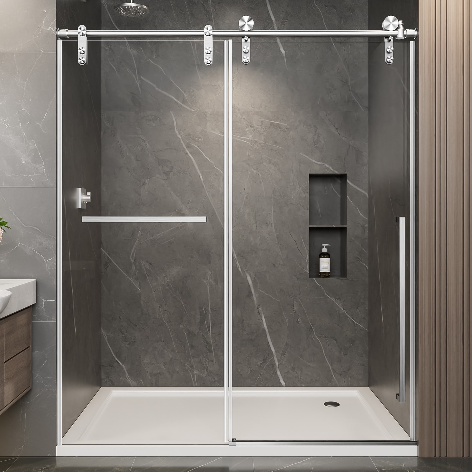 BEARSOLIM - 56-in to 60-in W x 75-in H Semi-frameless Sliding Shower Door 5/16-in Clear Tempered ...