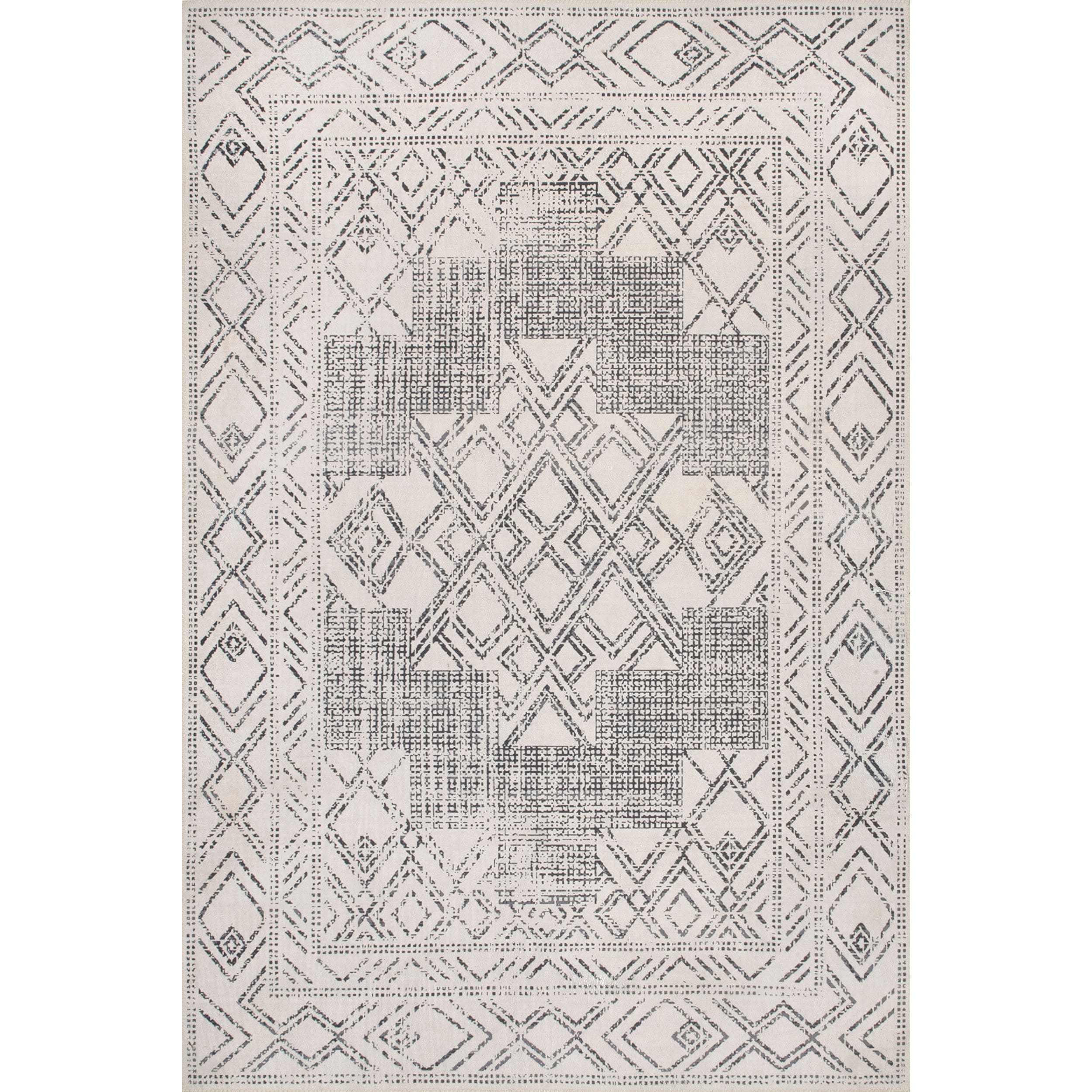 Gray and Ivory Synthetic Medallion 8' x 10' Washable Area Rug