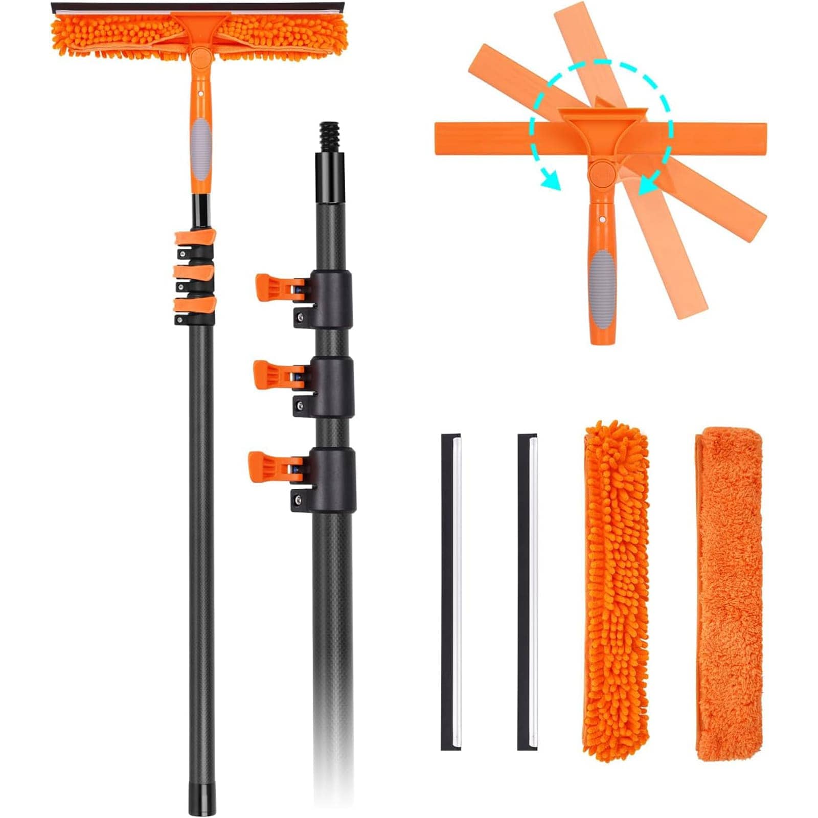 Aoibox  Carbon Fiber Extension Pole Window Cleaning Kit 3.5ft to 12ft Adjustable Includes 2 Microfiber Cloths 2 Chenille Cloths 2 Squeegee Blades Rotating Head