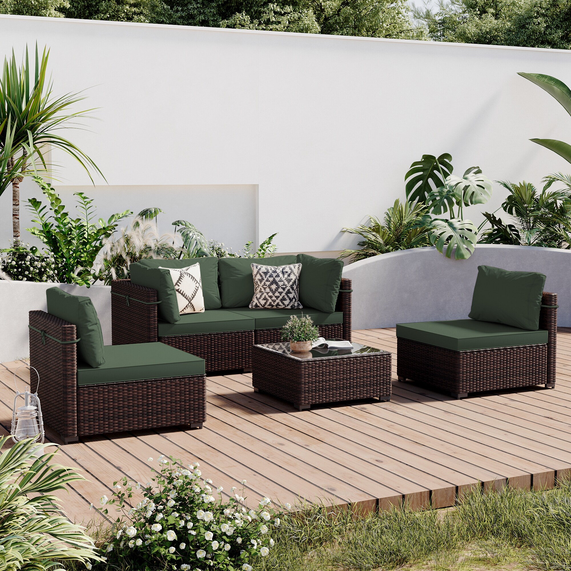 Patio Watcher RT-OD5-B-GREEN 5 -Piece Rattan Patio Conversation Set with Green Cushions