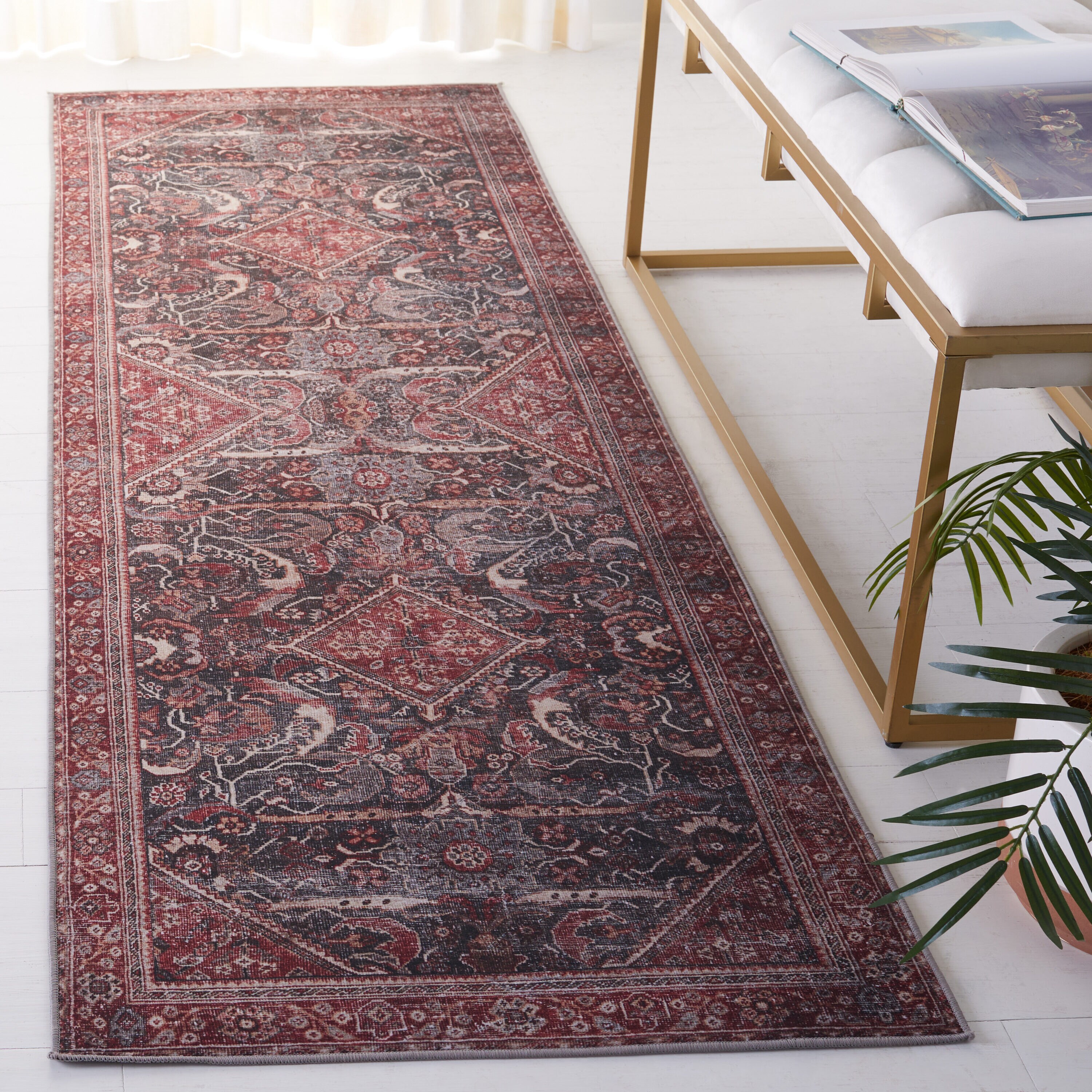 Tucson 175Y Dark Green Rust Machine Washable/Slip Resistant 2ft-6in x 8ft Traditional Rug