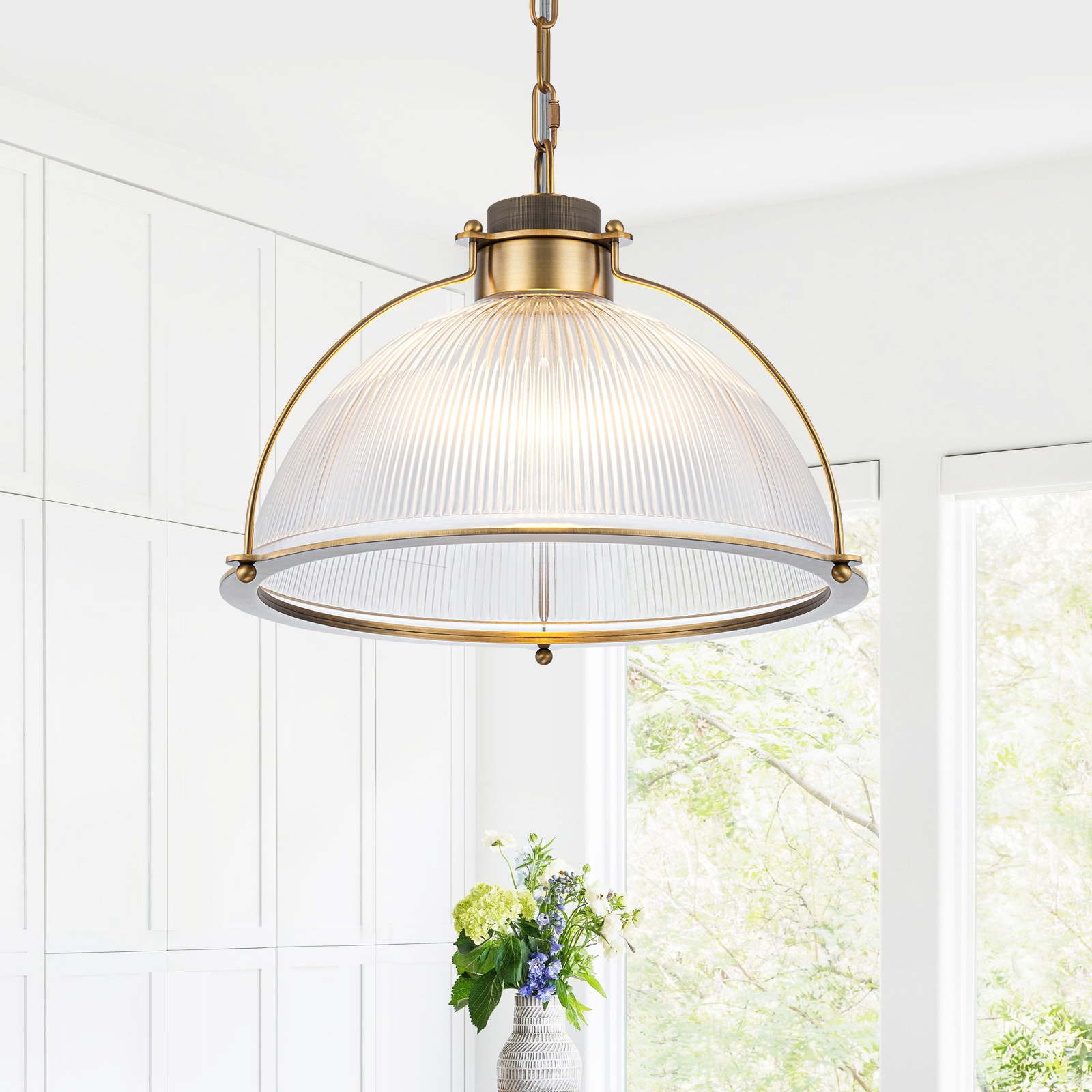 MENCOLULU 16.73 Inch Antique Bronze Finished Metal 1 -Light Gold Modern/contemporary Ribbed glass Dome Medium Hanging Pendant Light