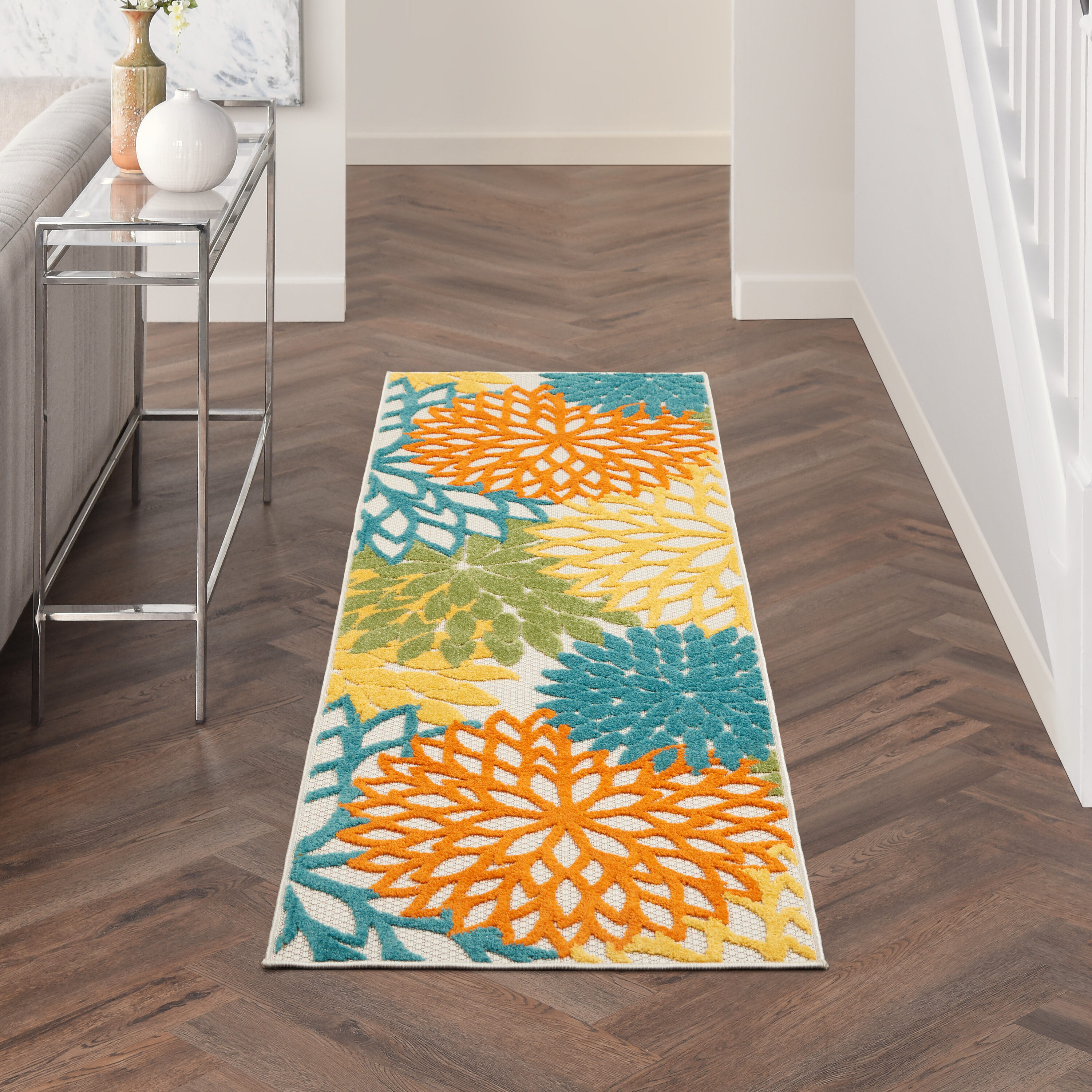 Nourison Aloha 2 x 6 (ft) Loomed Polypropylene Turquoise Multicolor Rectangular Indoor/Outdoor Floral/Botanical Tropical Runner rug #099446827067