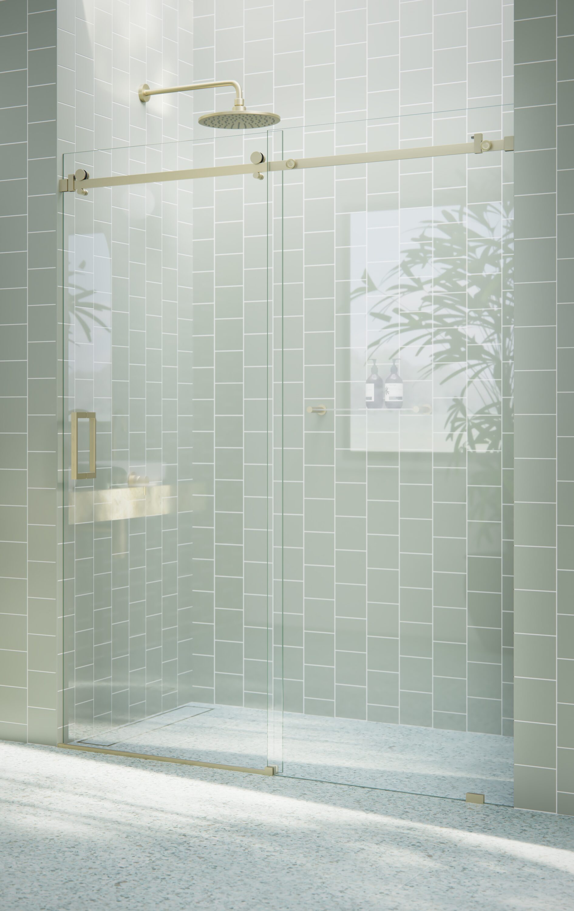 Glass Warehouse Astro Satin Brass 56 In To 60 In W X 78 In H Frameless