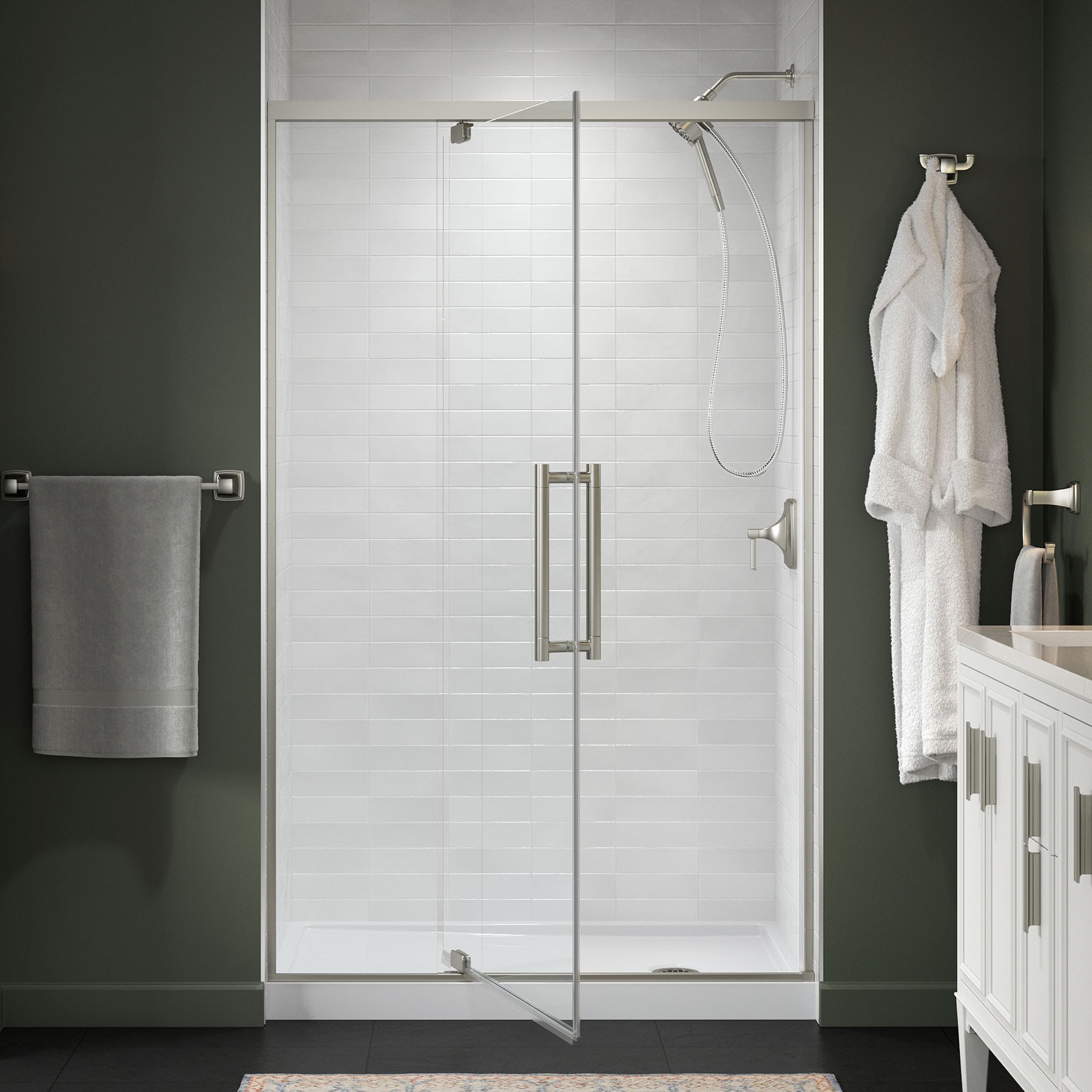 KOHLER 702478-8L-BNK Premise Anodized Brushed Nickel 43-5/8-in to 47-5/8-in W x 76.06-in H Frameless Pivot Soft Close Shower Door 5/16-in Thick Clear Glass