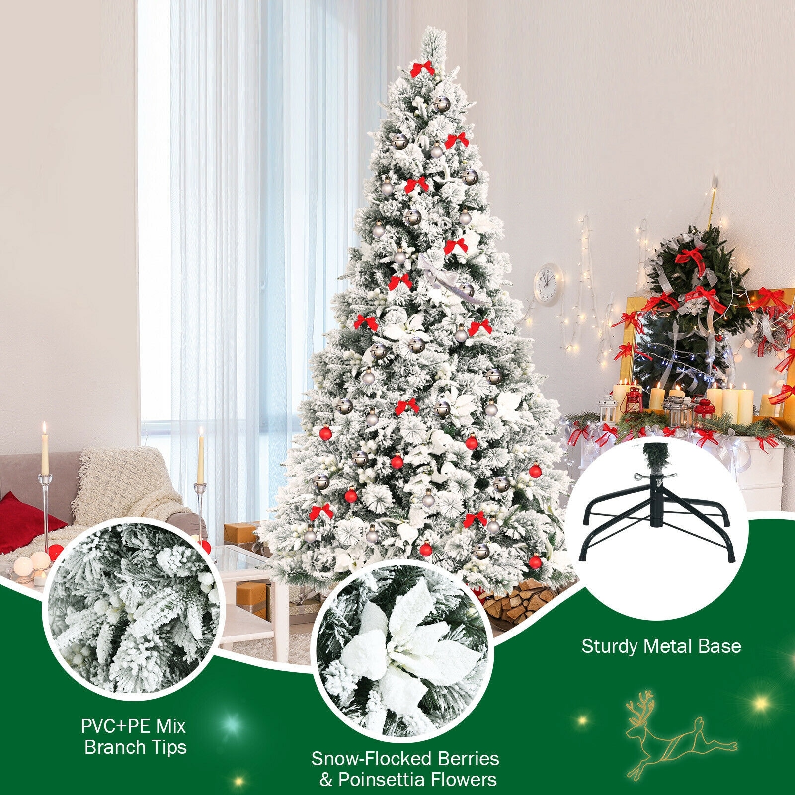 7-Foot Snow Flocked White Artificial Christmas Tree with Berries and Poinsettia Flowers