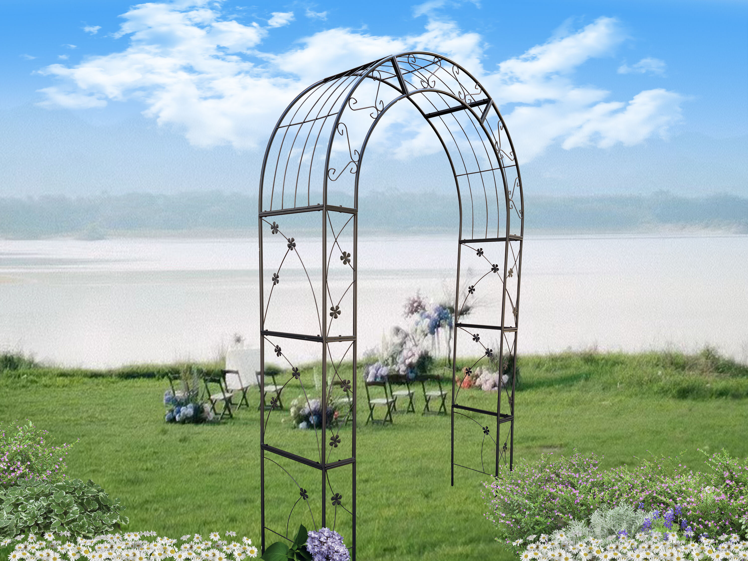 RITSU  58 in L x 98.40 in H Black Wedding Garden Arch featuring powder-coated metal frame and climbing plant support and weather-resistant finish for outdoor gardens patios walkways and backyard decor