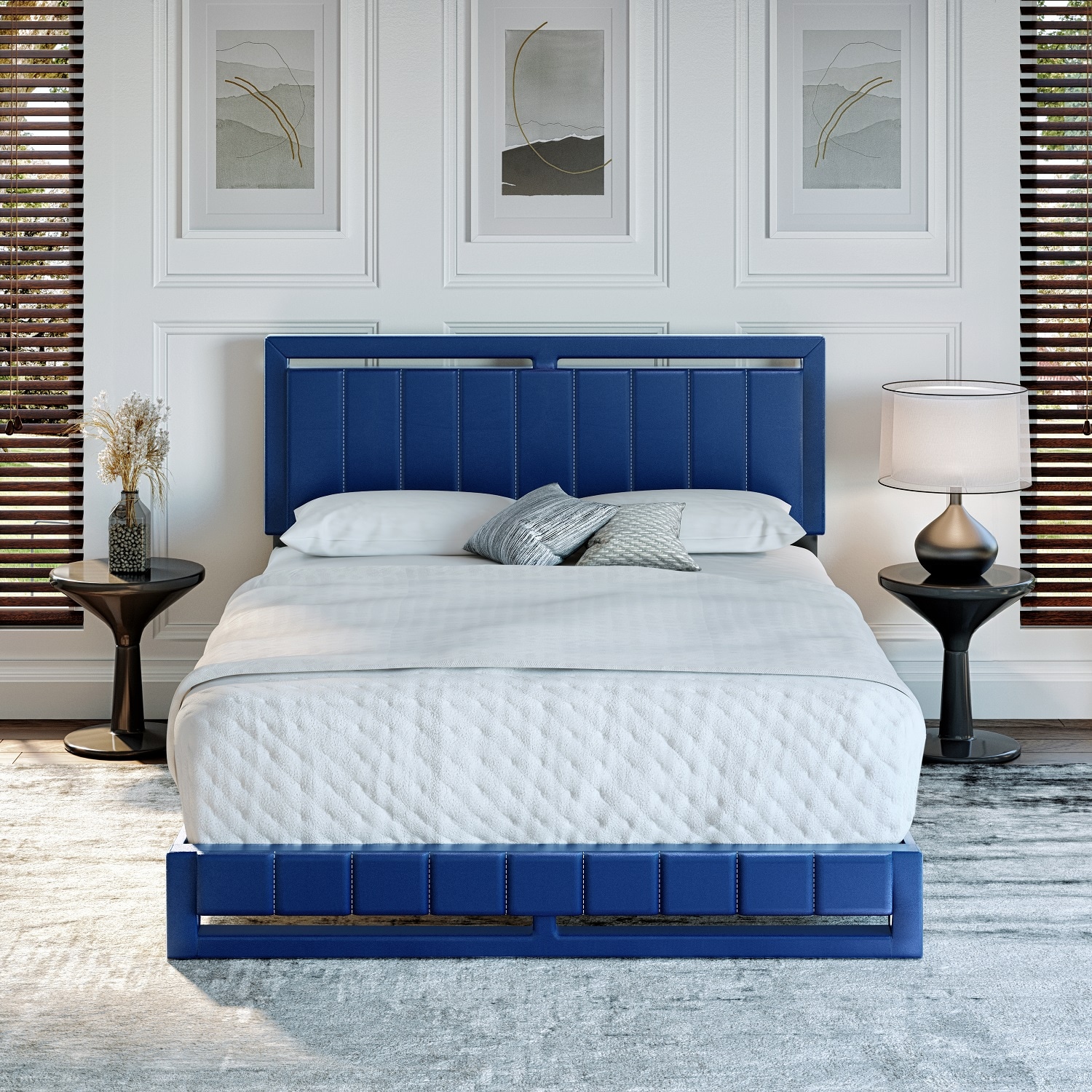 Boyd Sleep HC201605402 Beaumont Leatherette Upholstered Platform Bed Frame with Headboard- Mattress Foundation with 14 Slat Sturdy Wood Support System- No Box Spring Required