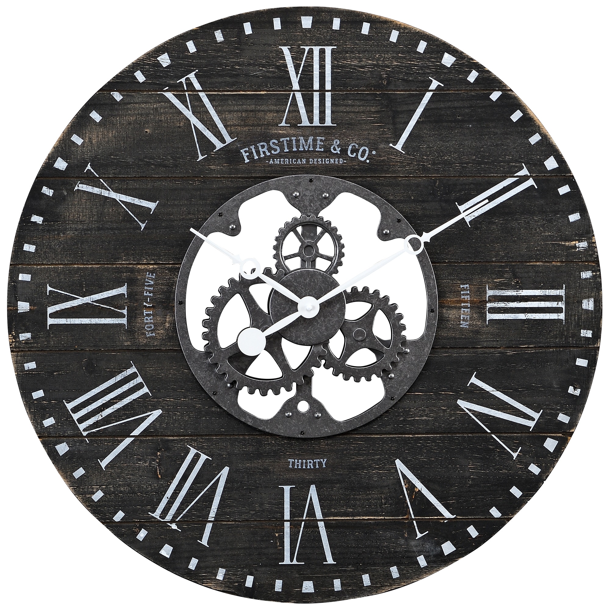 FirsTime and Co. Black Shiplap Gears Farmhouse Wall Clock - 27 in Round,  Roman Numerals, Wood, Battery Operated, Indoor in the Clocks department at