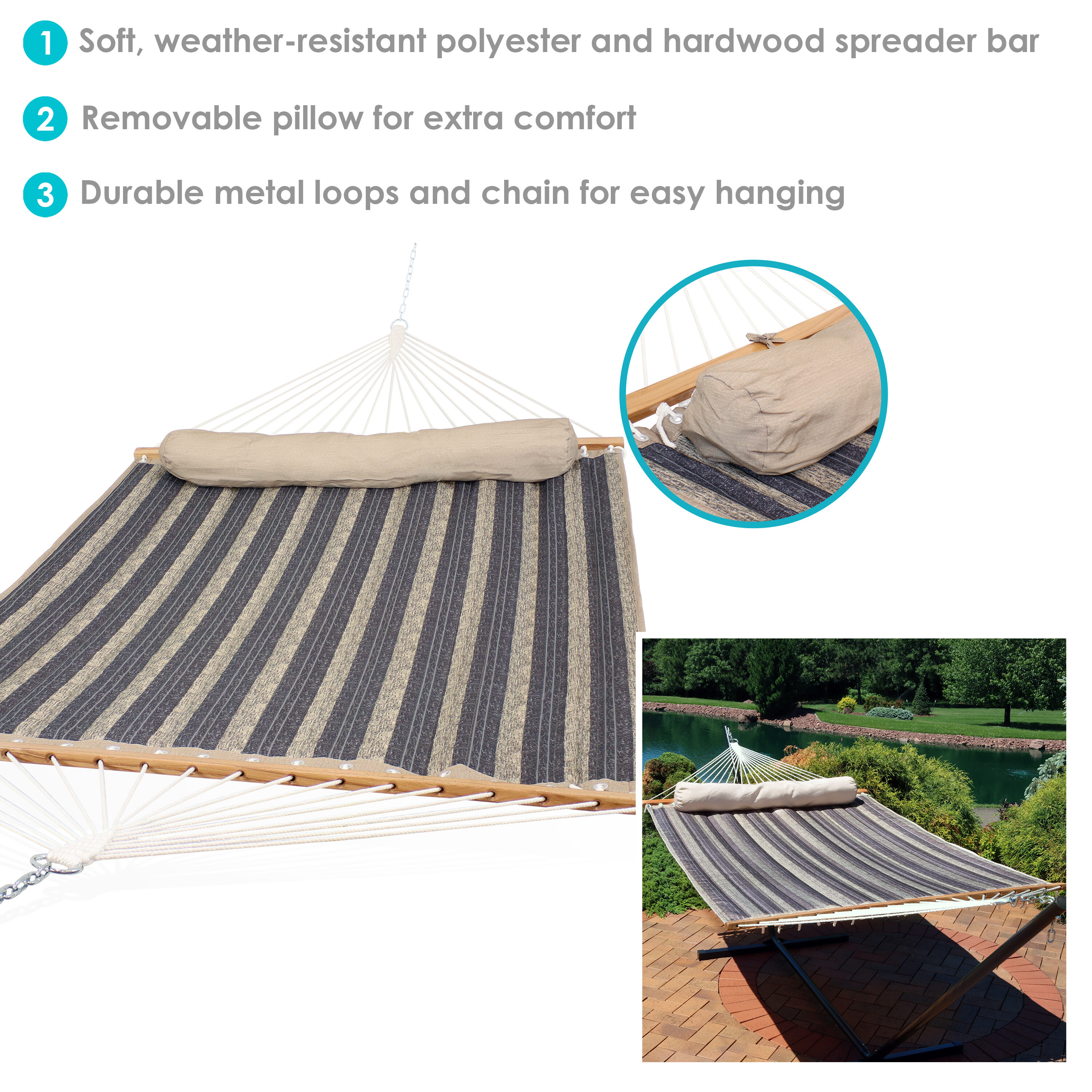 Gray and Blue Striped Quilted Polyester 2-Person Hammock with Spreader Bars