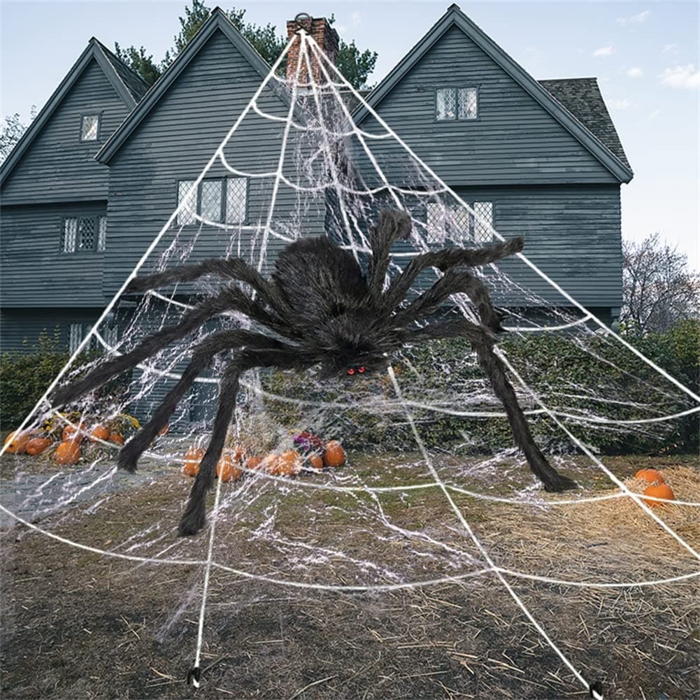 Camirus Giant Halloween Spider and Triangular Spider Web Set - 59 In Hairy Spider with 276 In Web for Indoor Outdoor Yard Lawn Haunted House Decor