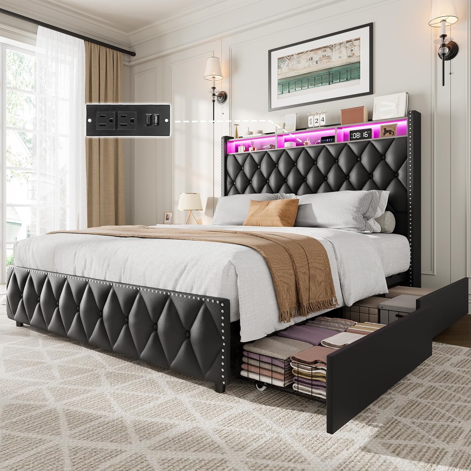 Qeetex LHF-BED-PHK-33E3R7K3 Queen Bed Frame with 51inch Tall Headboard Platform Leather Upholstered Bed Frame with 4 Storage Drawers USB Charging Station Led Lights No Box Spring Needed Easy Assembly Grey