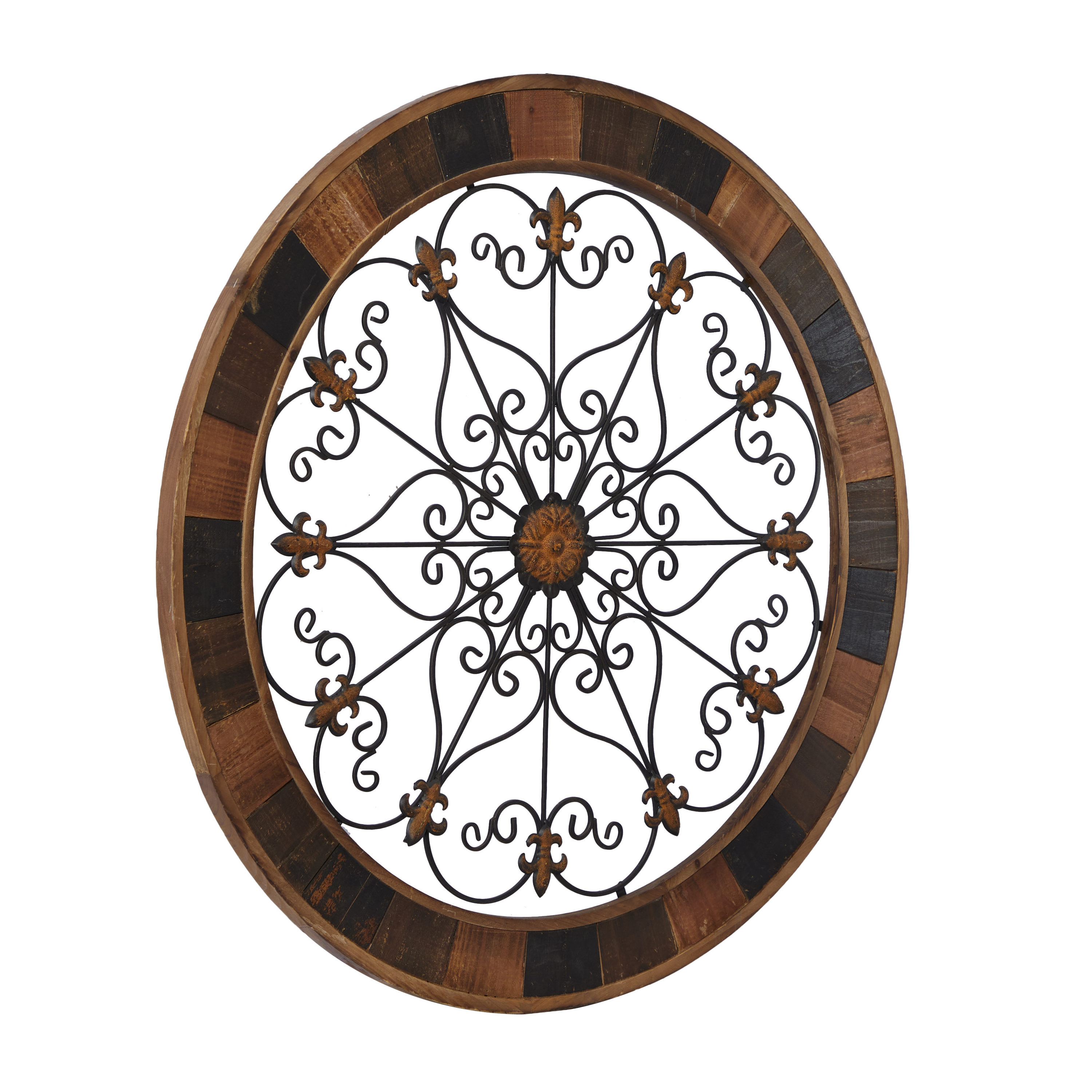 Rustic Arabesque Scroll 35" Round Wood & Iron Wall Decor