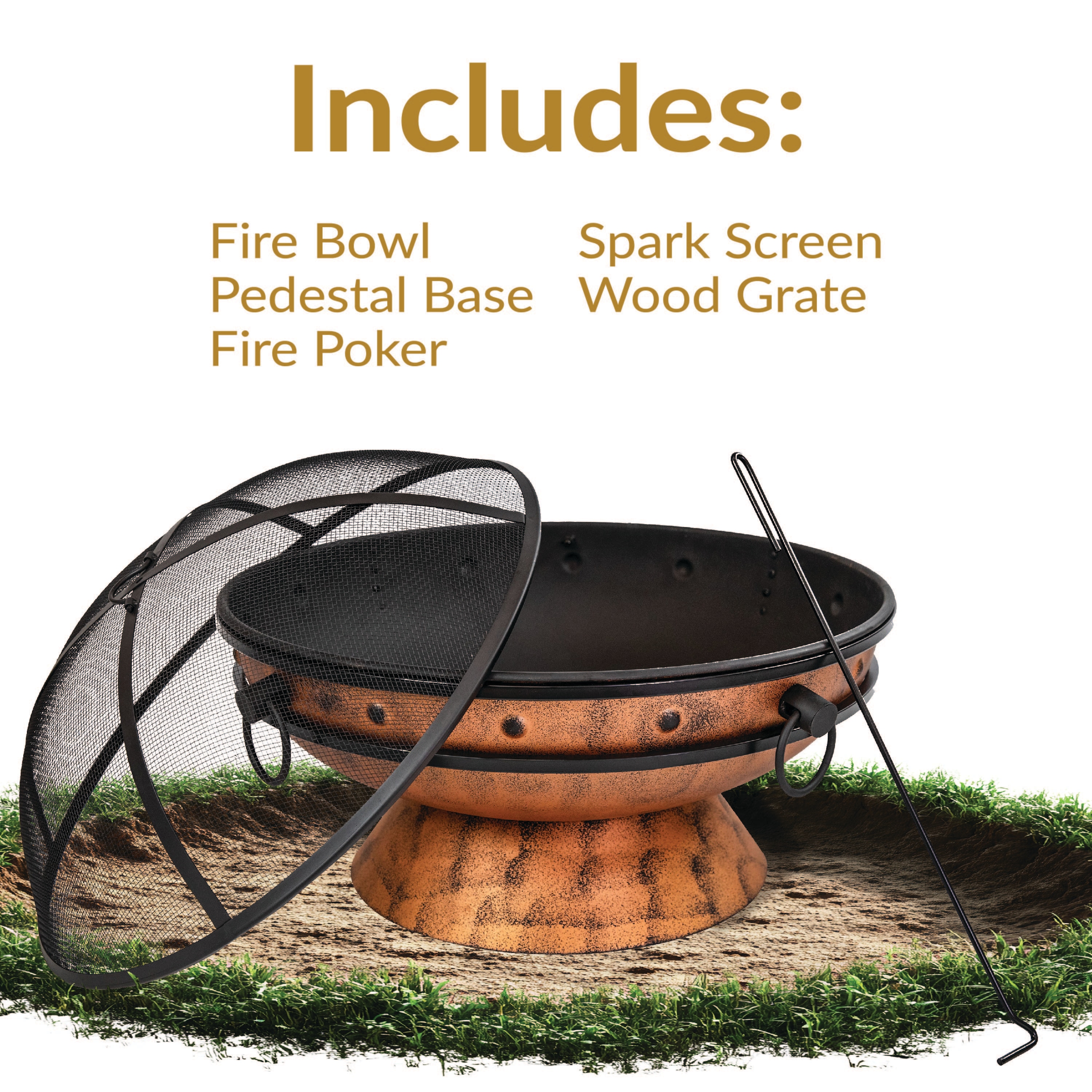 Copper Finish 30-Inch Round Wood-Burning Fire Pit with Handles