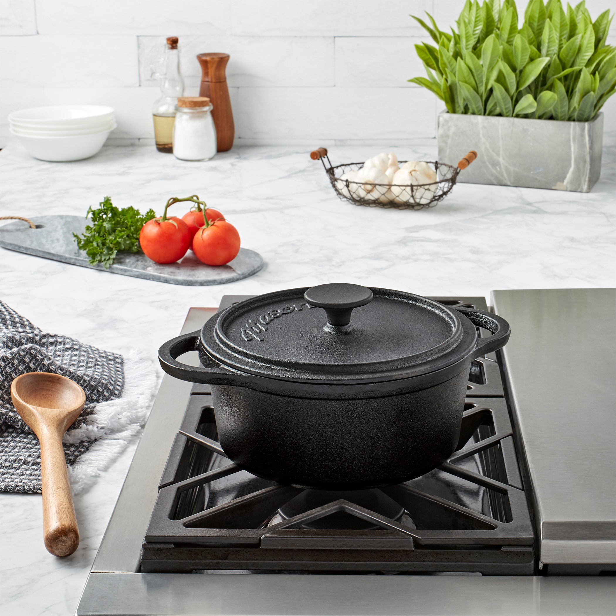 Mason Craft & More 3QT Covered Dutch Oven Cast Iron, Black, Oven Safe, Induction Compatible