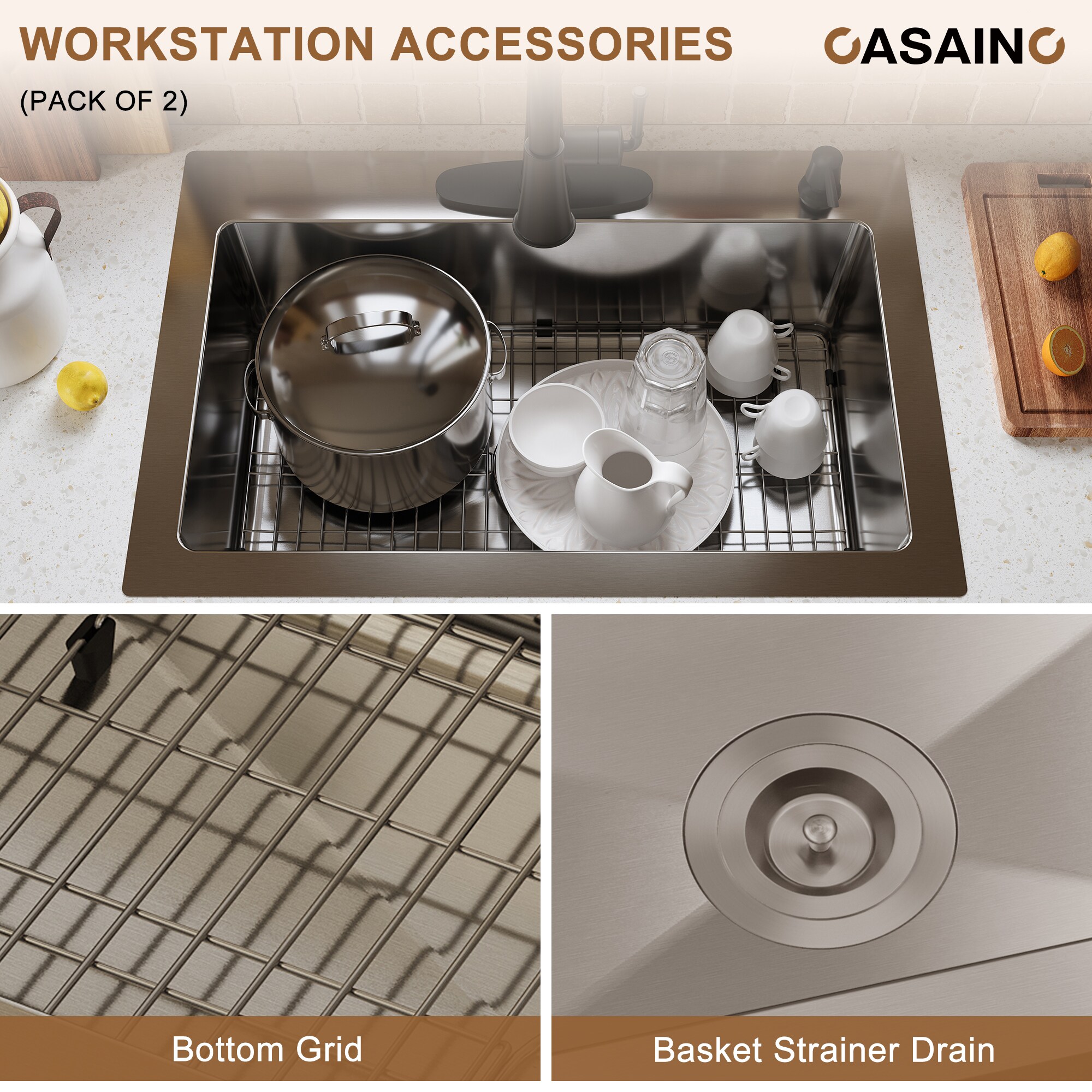 CASAINC 32 in. Undermount Double Bowl 18 Gauge Brushed Stainless Steel Kitchen Sink with Bottom Grid and Basket Strainer