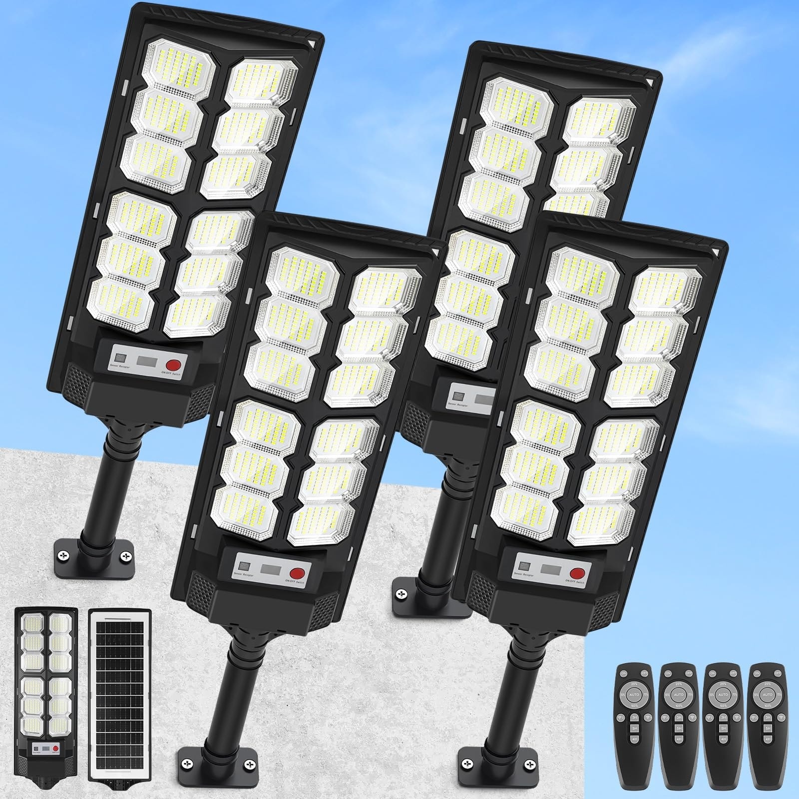 Lukvuzo  4 Pack Solar Street Lights Outdoor 13000LM 6500K IP65 Waterproof LED Flood Lights Motion Sensor Dusk to Dawn Security Light for Parking Lot Yard Driveway